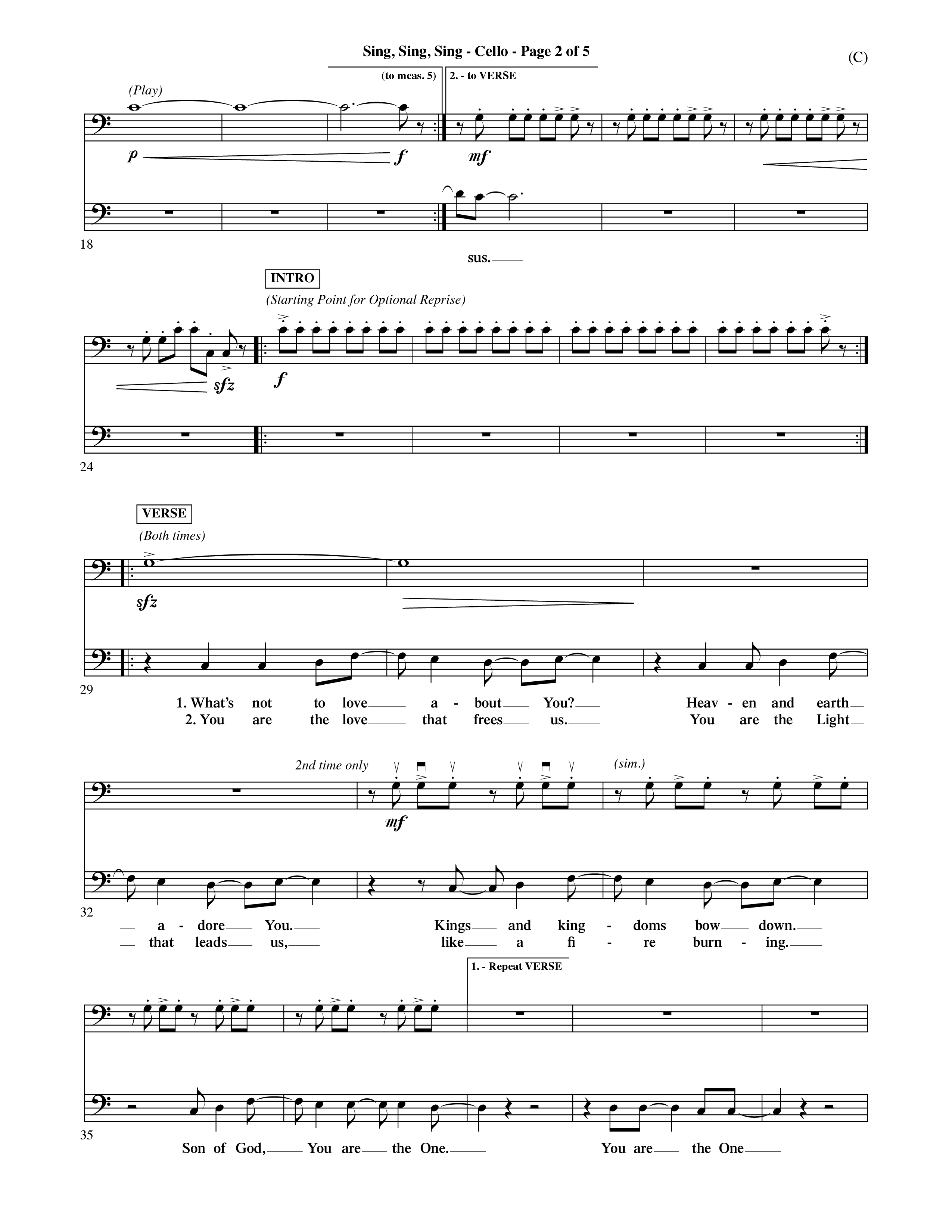 Sing Sing Sing (Choral Anthem SATB) Cello (Word Music Choral / Arr. David Shipps)