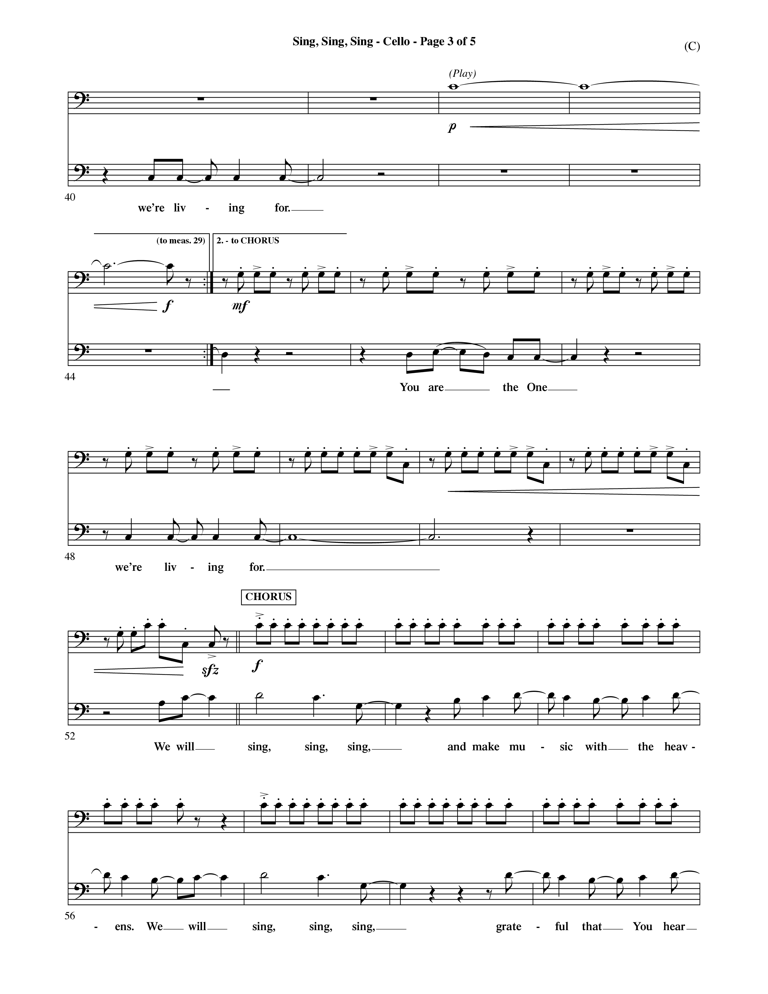 Sing Sing Sing (Choral Anthem SATB) Cello (Word Music Choral / Arr. David Shipps)