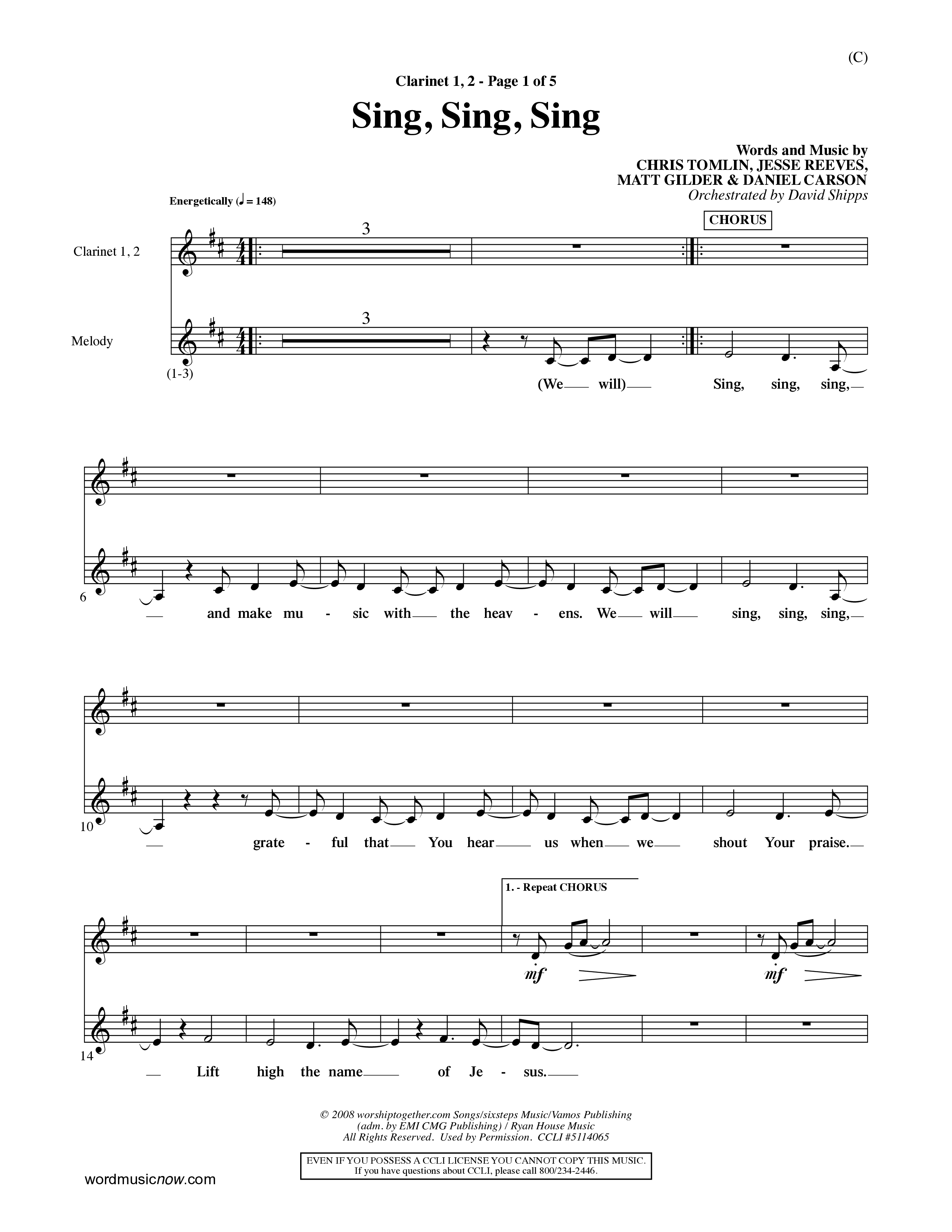 Sing Sing Sing (Choral Anthem SATB) Clarinet 1/2 (Word Music Choral / Arr. David Shipps)