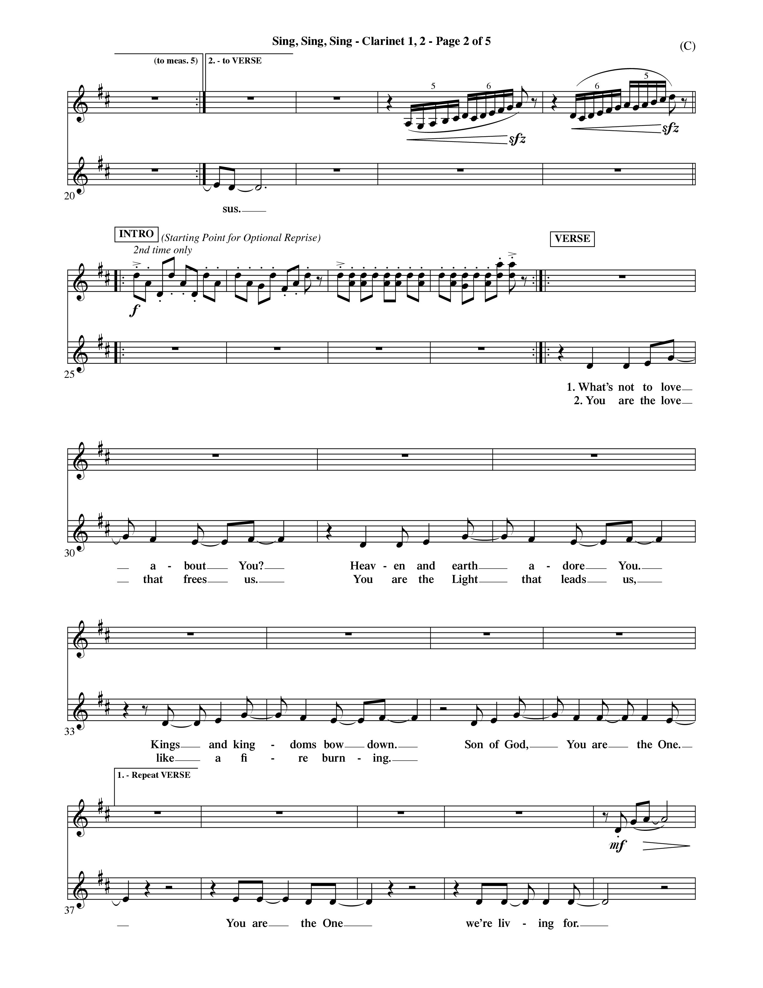 Sing Sing Sing (Choral Anthem SATB) Clarinet 1/2 (Word Music Choral / Arr. David Shipps)