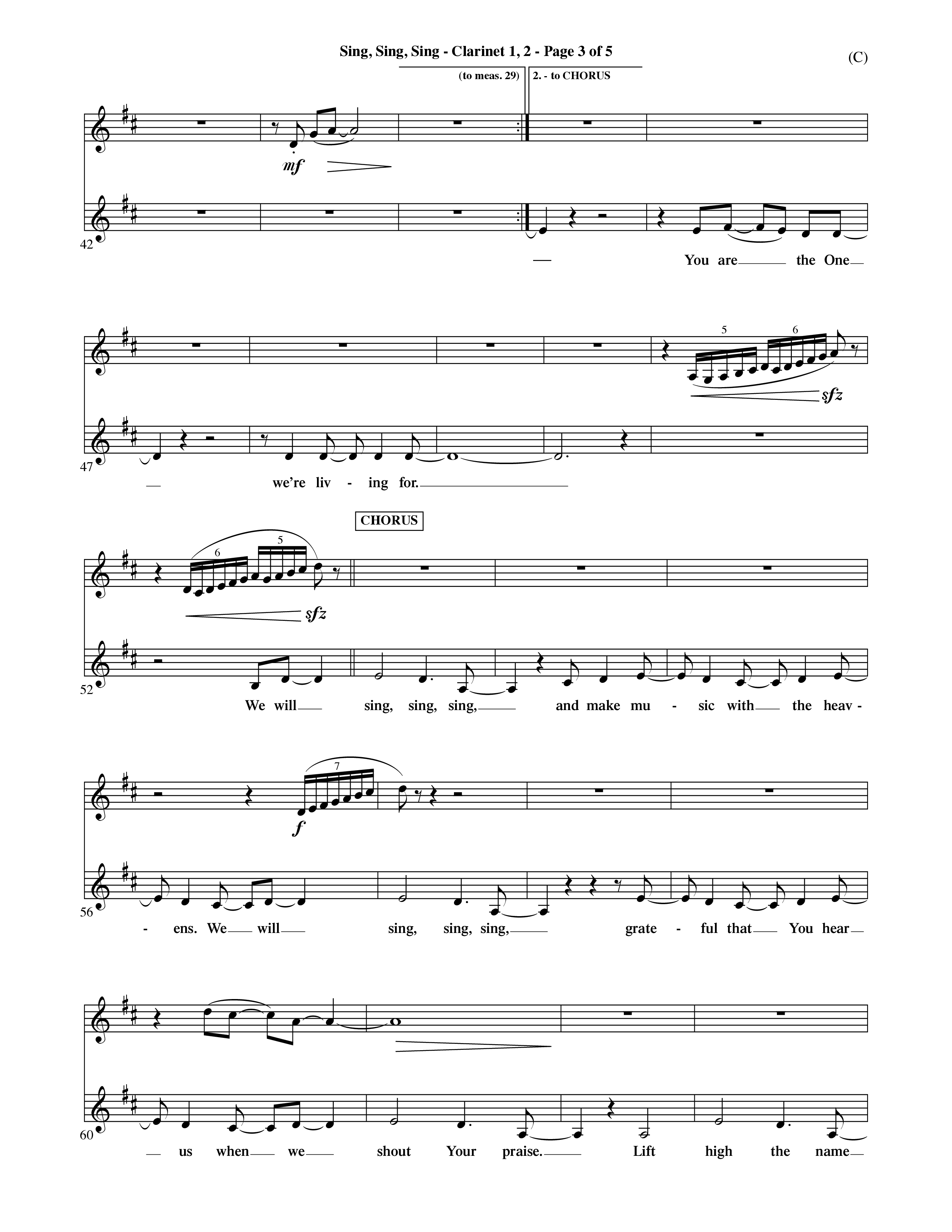 Sing Sing Sing (Choral Anthem SATB) Clarinet 1/2 (Word Music Choral / Arr. David Shipps)