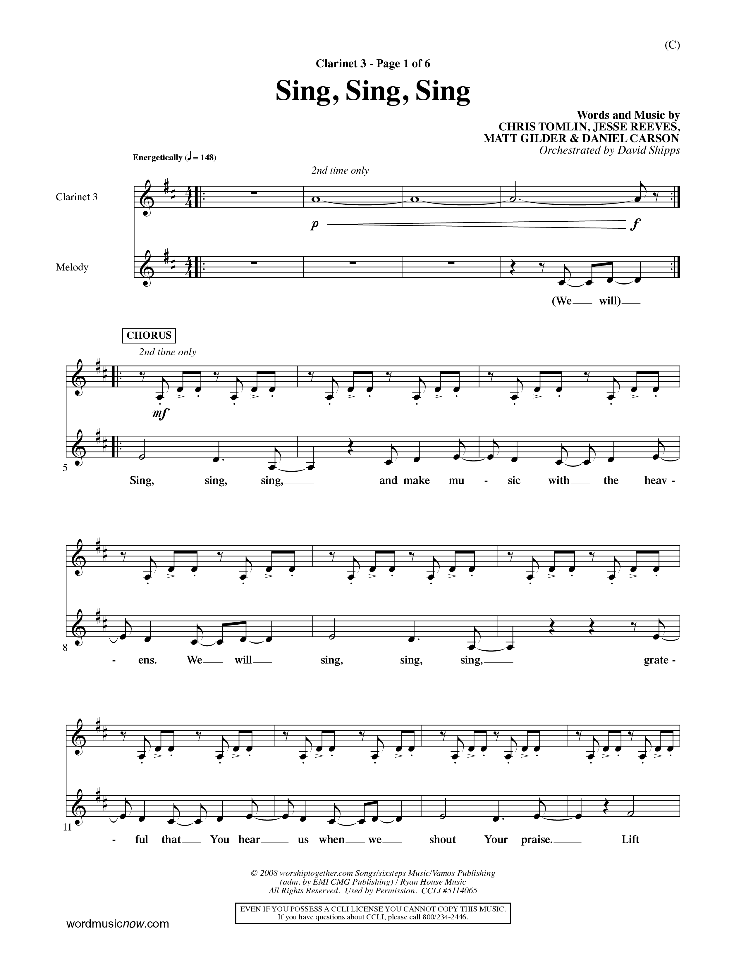 Sing Sing Sing (Choral Anthem SATB) Clarinet 3 (Word Music Choral / Arr. David Shipps)