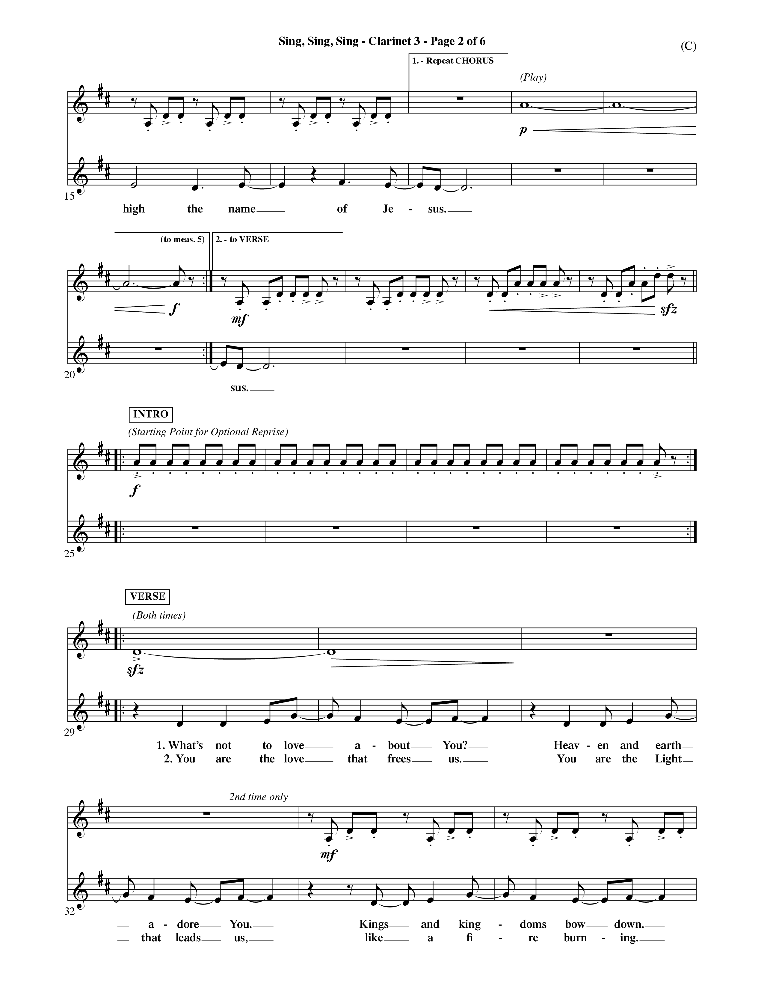 Sing Sing Sing (Choral Anthem SATB) Clarinet 3 (Word Music Choral / Arr. David Shipps)