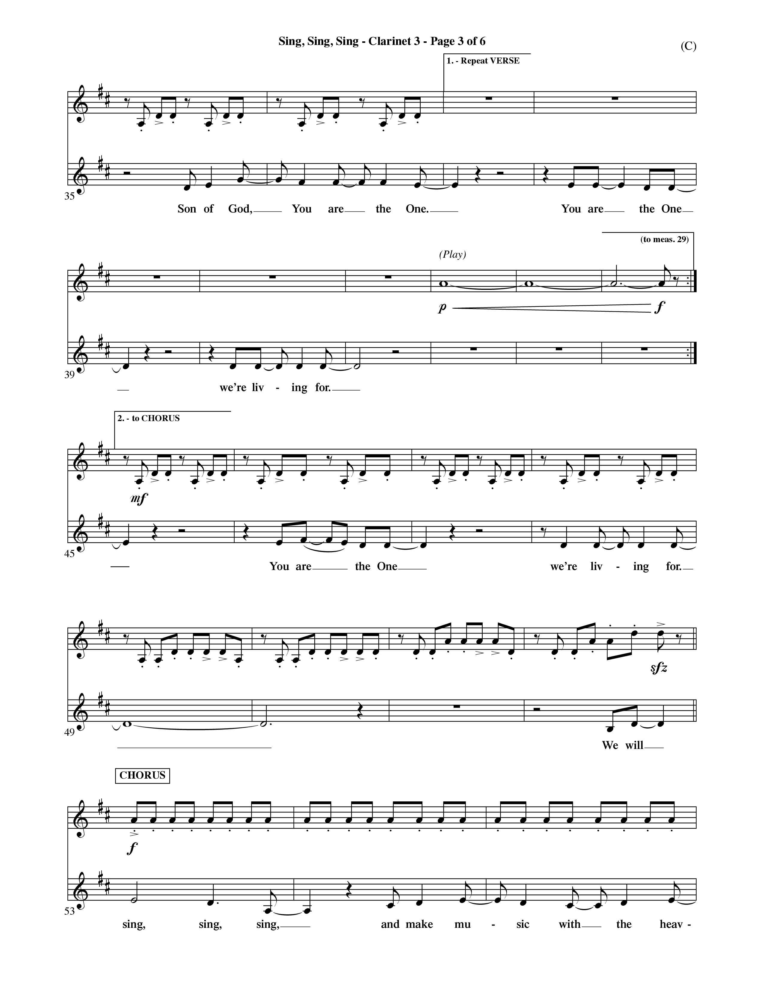 Sing Sing Sing (Choral Anthem SATB) Clarinet 3 (Word Music Choral / Arr. David Shipps)