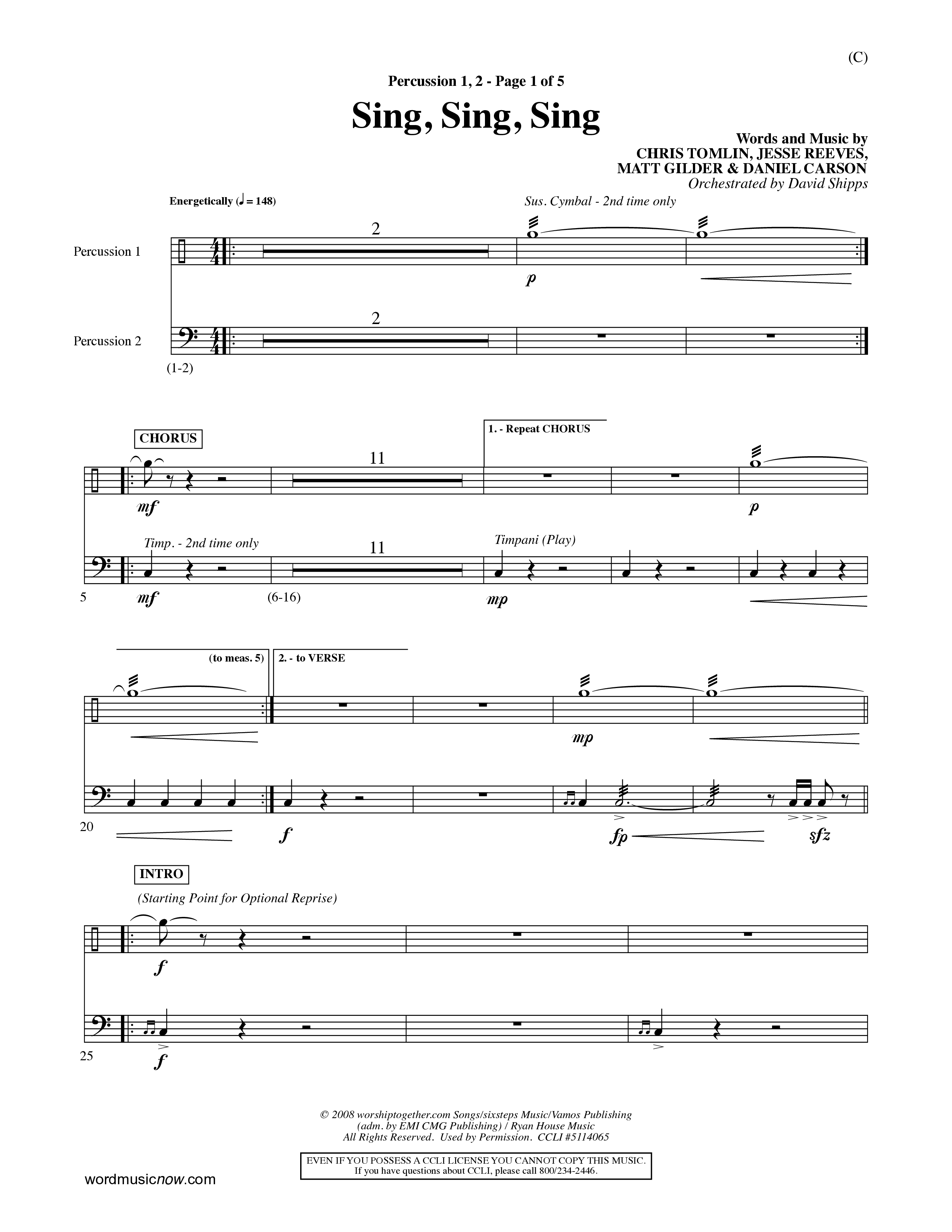 Sing Sing Sing (Choral Anthem SATB) Percussion 1/2 (Word Music Choral / Arr. David Shipps)
