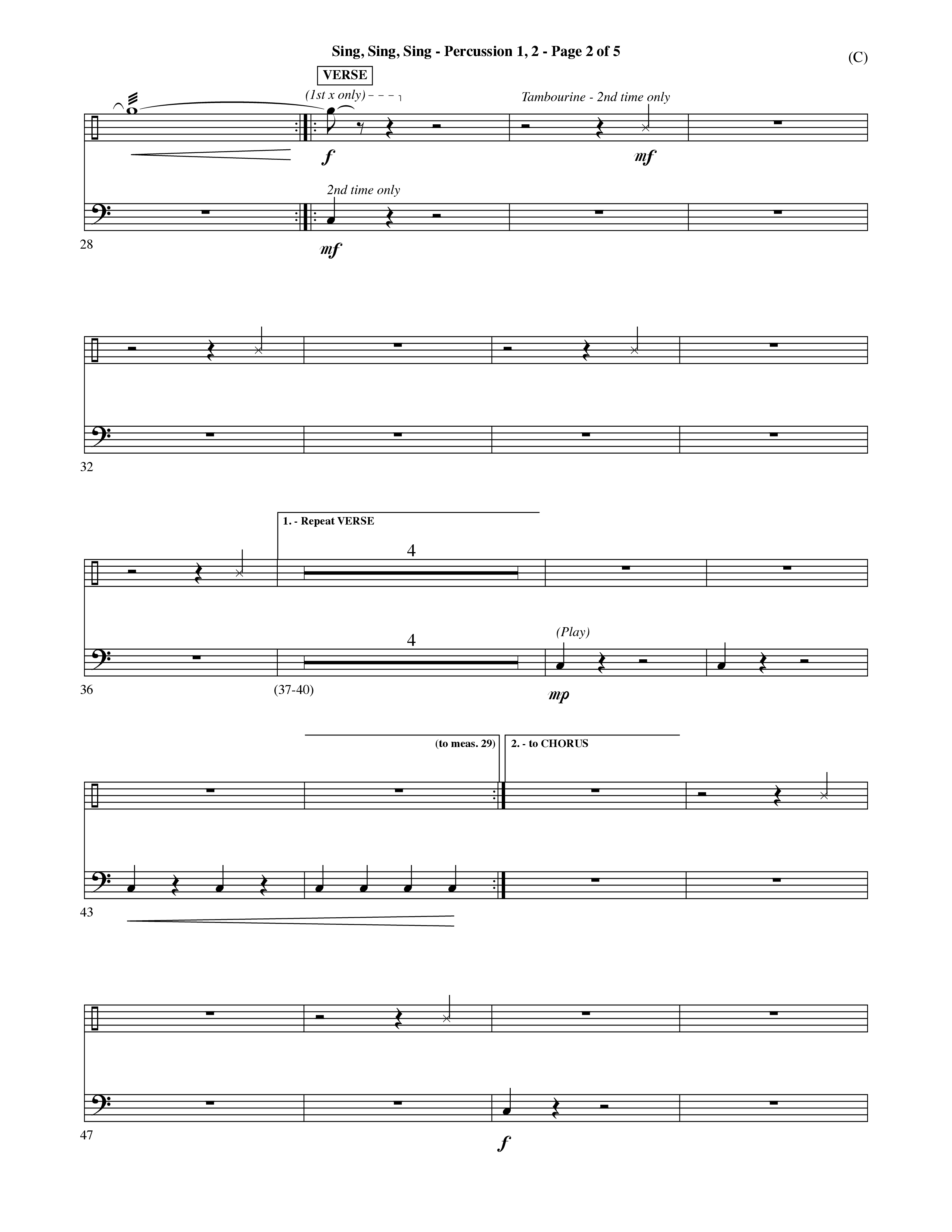 Sing Sing Sing (Choral Anthem SATB) Percussion 1/2 (Word Music Choral / Arr. David Shipps)