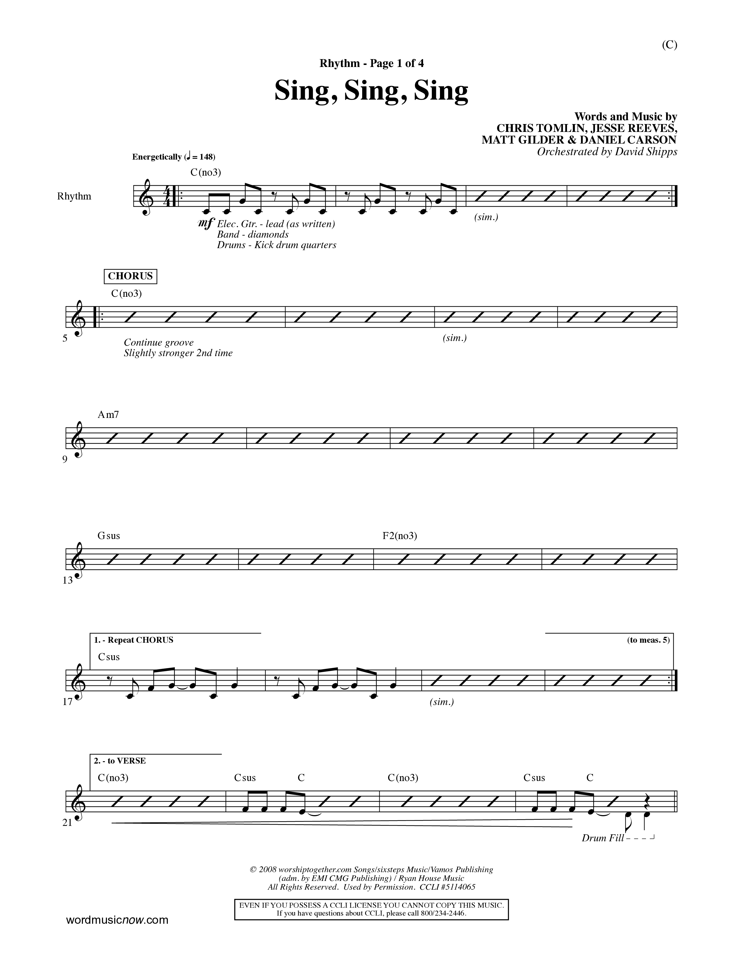Sing Sing Sing (Choral Anthem SATB) Rhythm Chart (Word Music Choral / Arr. David Shipps)