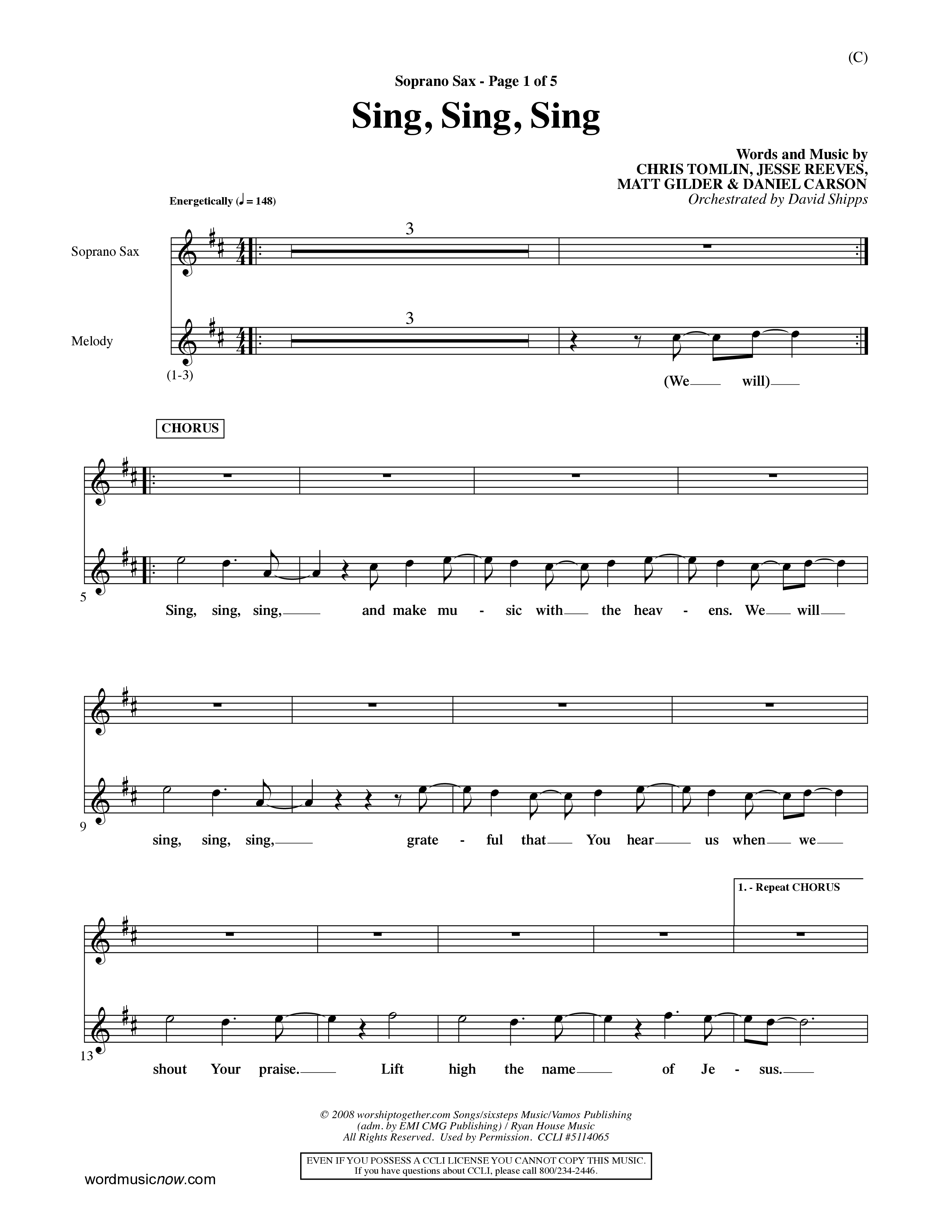 Sing Sing Sing (Choral Anthem SATB) Saxophone (Word Music Choral / Arr. David Shipps)