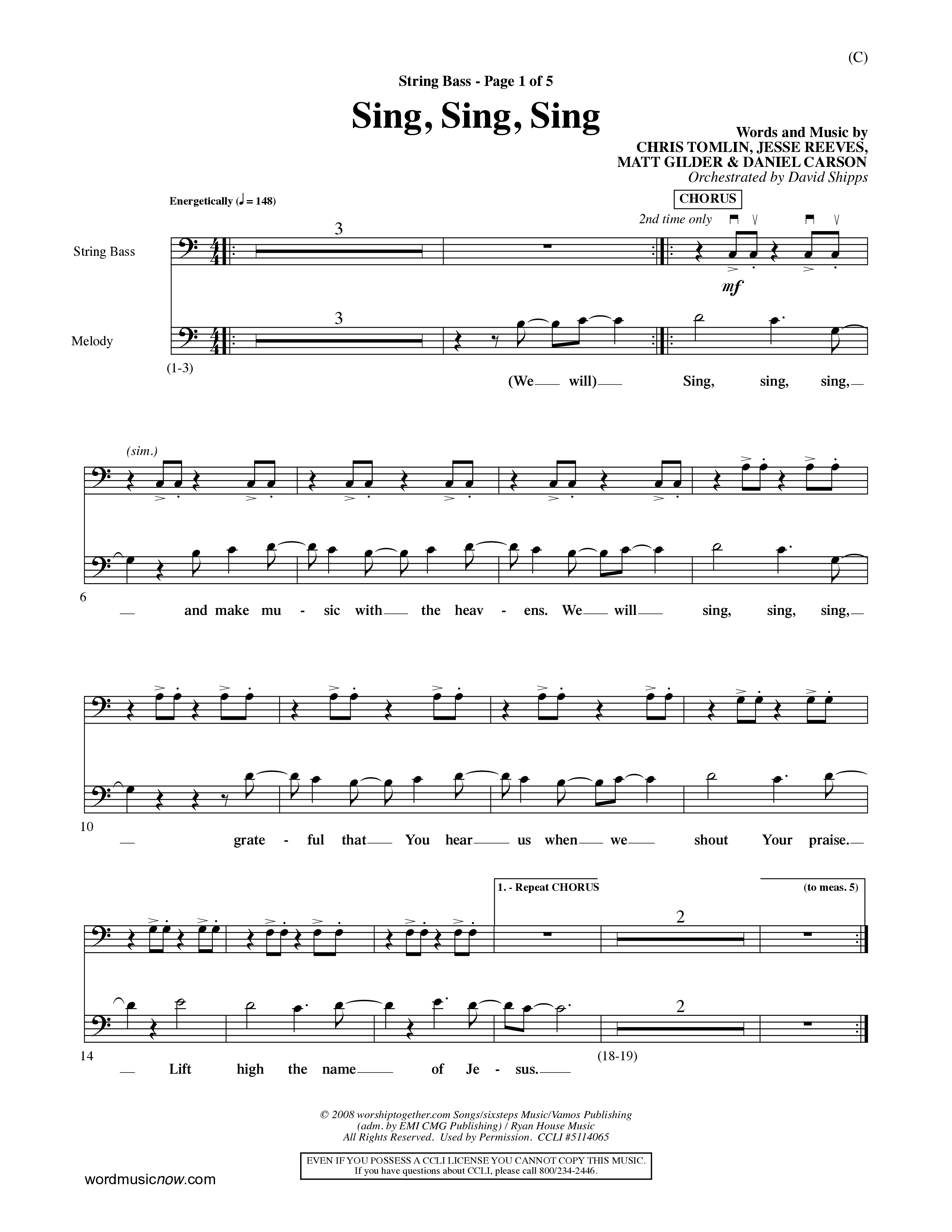 Sing Sing Sing (Choral Anthem SATB) String Bass (Word Music Choral / Arr. David Shipps)