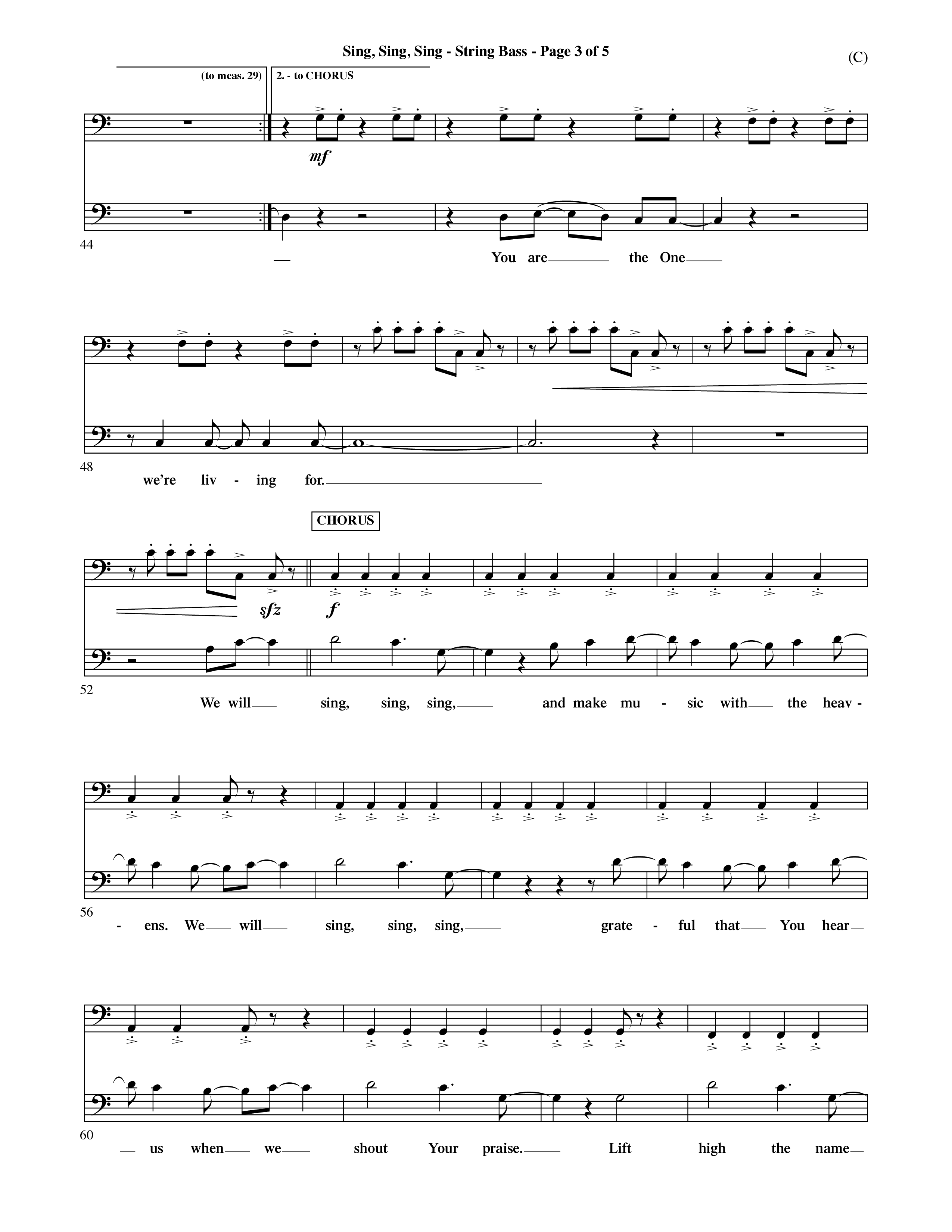Sing Sing Sing (Choral Anthem SATB) String Bass (Word Music Choral / Arr. David Shipps)