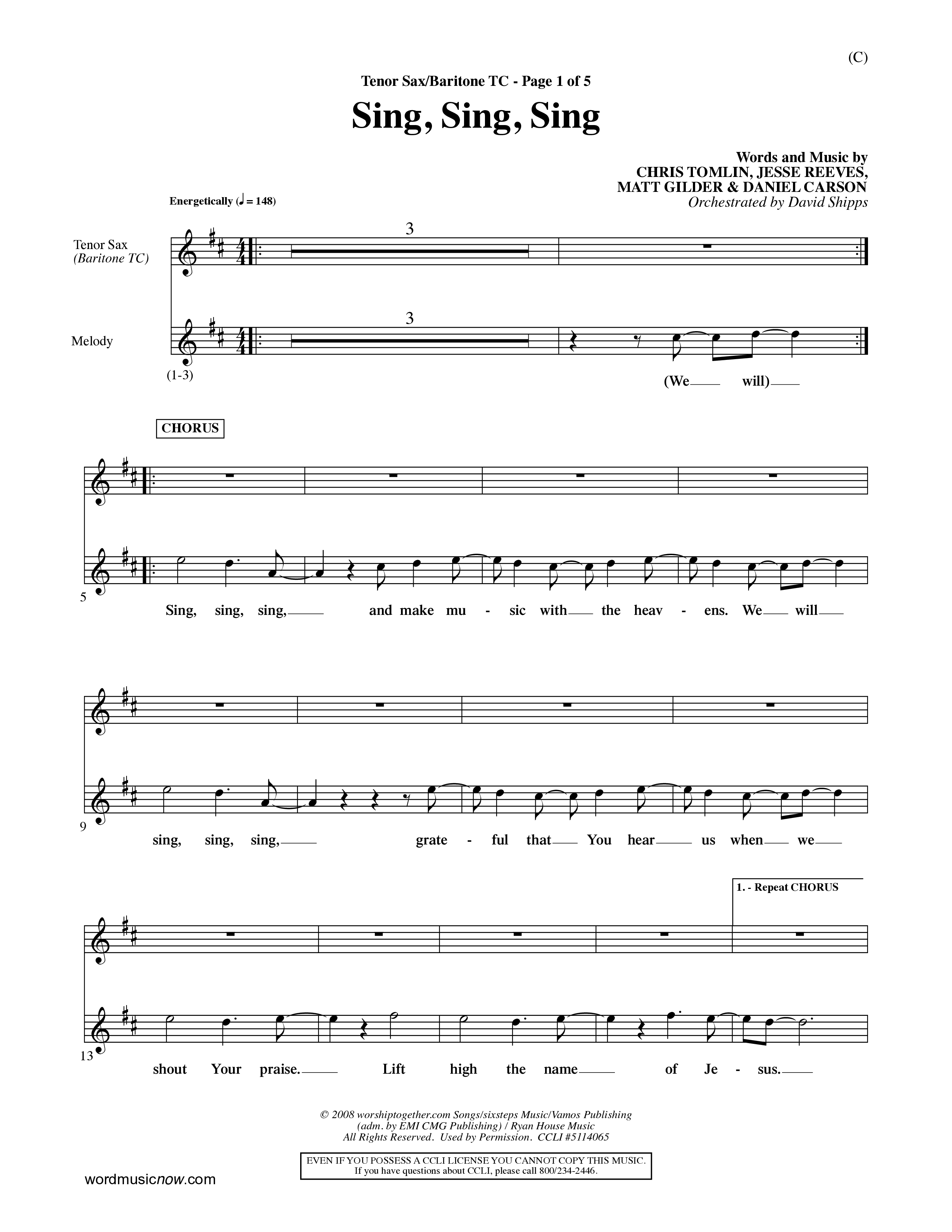 Sing Sing Sing (Choral Anthem SATB) Tenor Sax/Baritone T.C. (Word Music Choral / Arr. David Shipps)