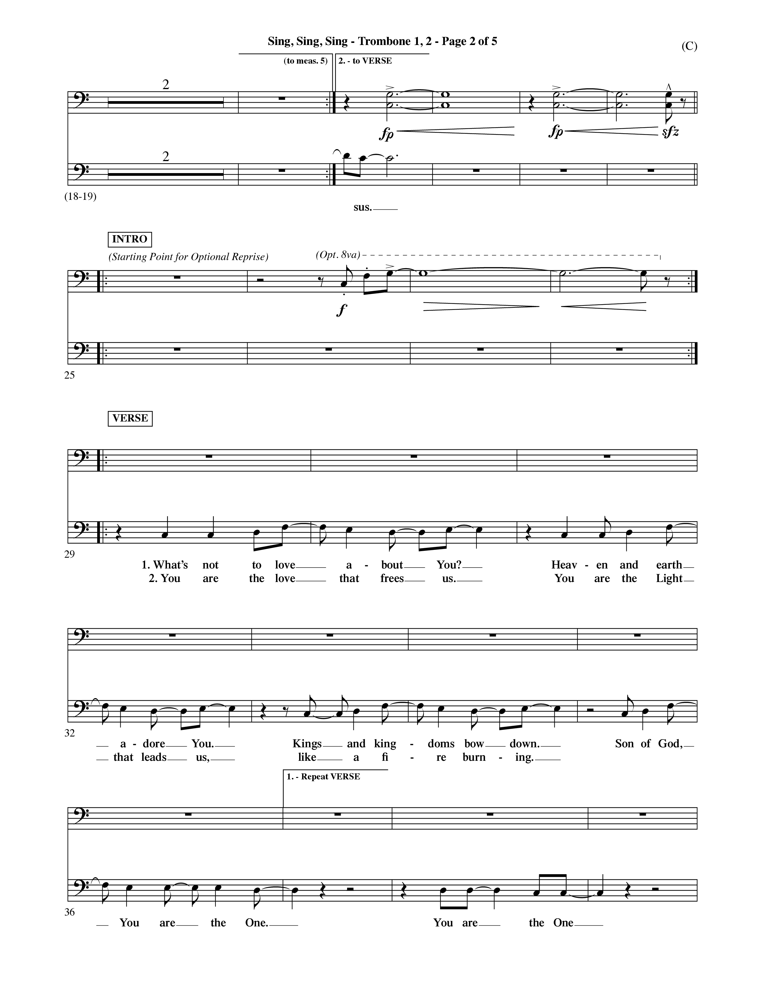 Sing Sing Sing (Choral Anthem SATB) Trombone 1/2 (Word Music Choral / Arr. David Shipps)