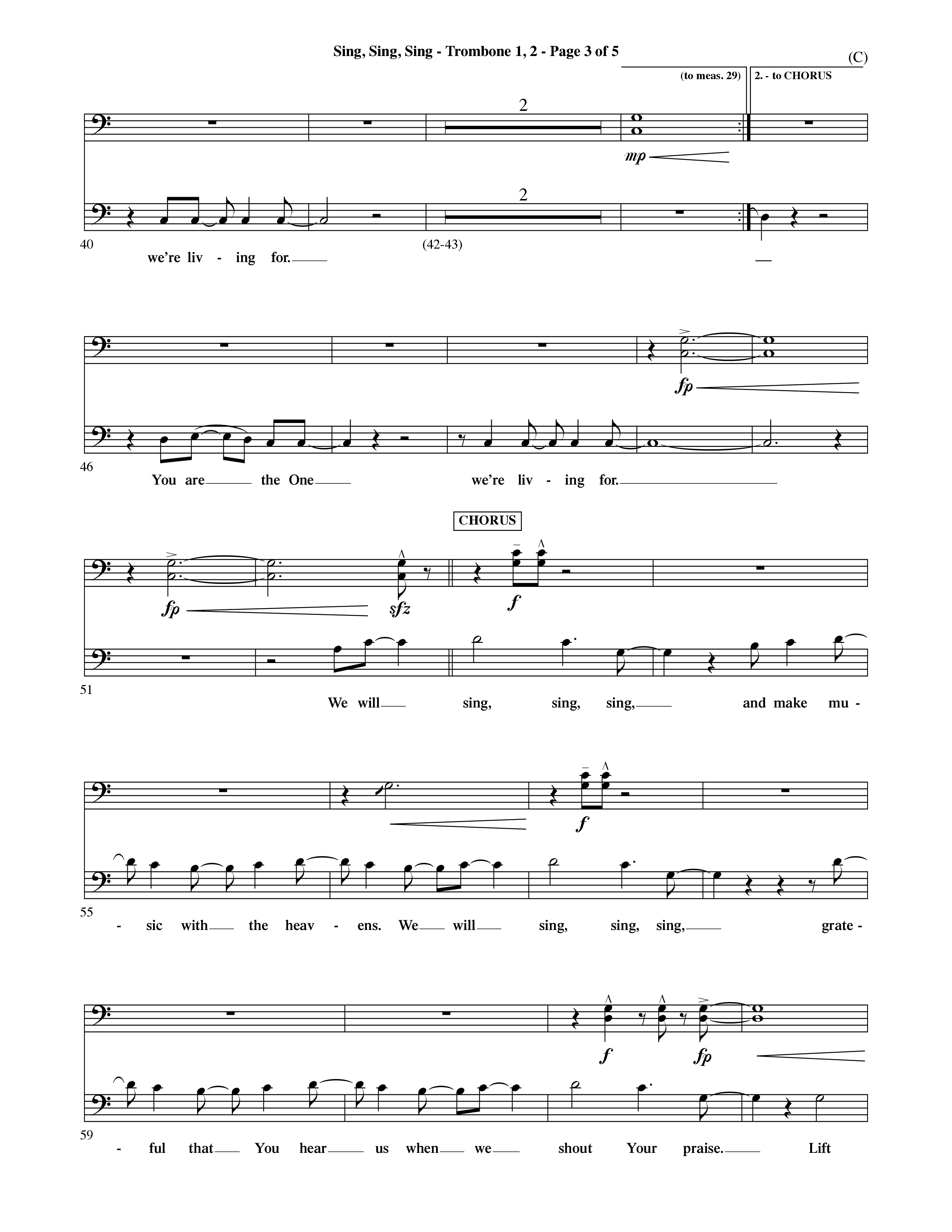 Sing Sing Sing (Choral Anthem SATB) Trombone 1/2 (Word Music Choral / Arr. David Shipps)