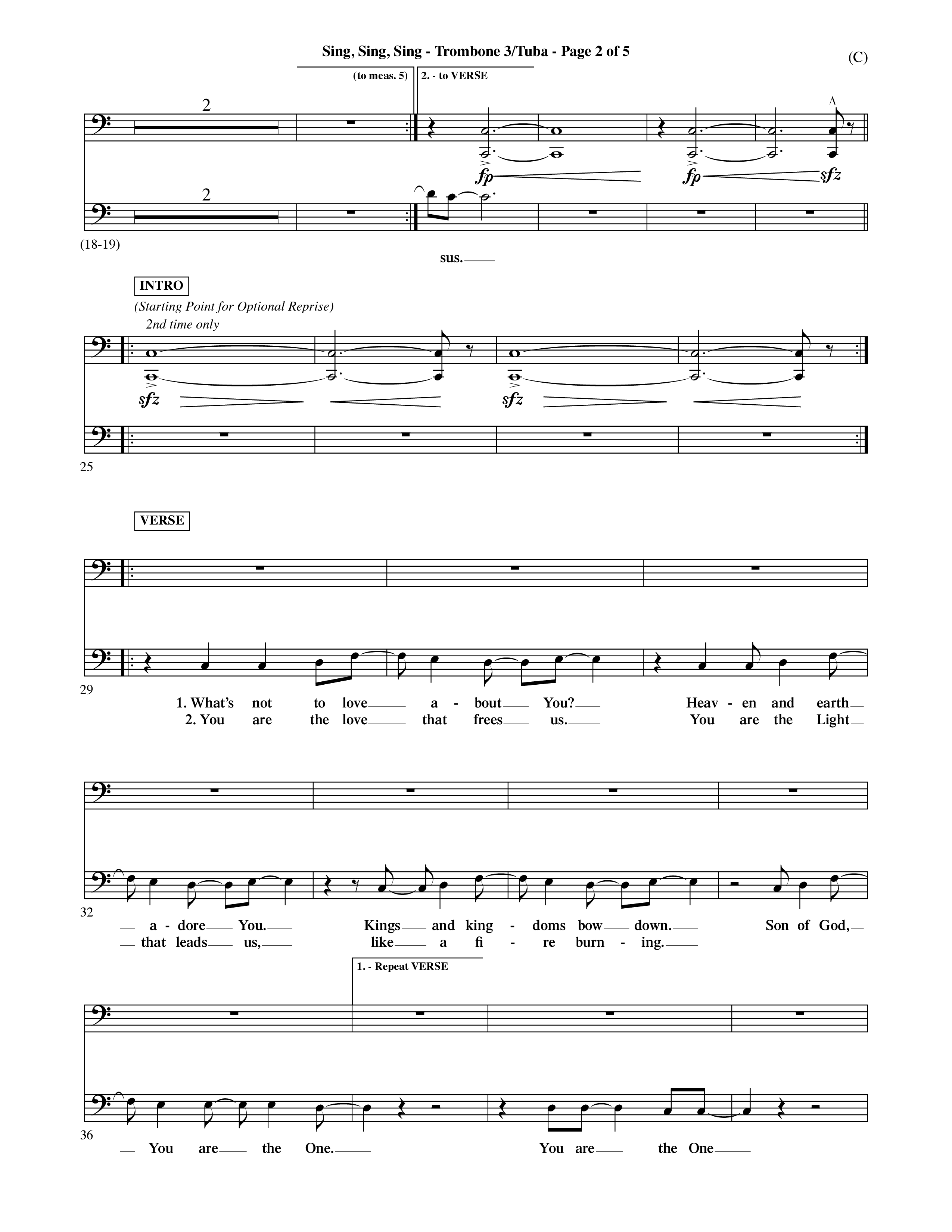 Sing Sing Sing (Choral Anthem SATB) Trombone 3/Tuba (Word Music Choral / Arr. David Shipps)