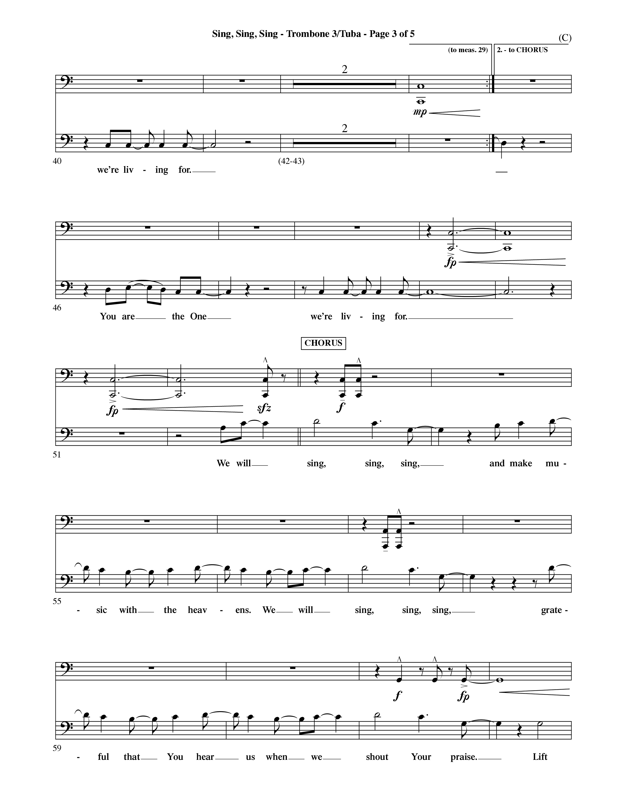 Sing Sing Sing (Choral Anthem SATB) Trombone 3/Tuba (Word Music Choral / Arr. David Shipps)