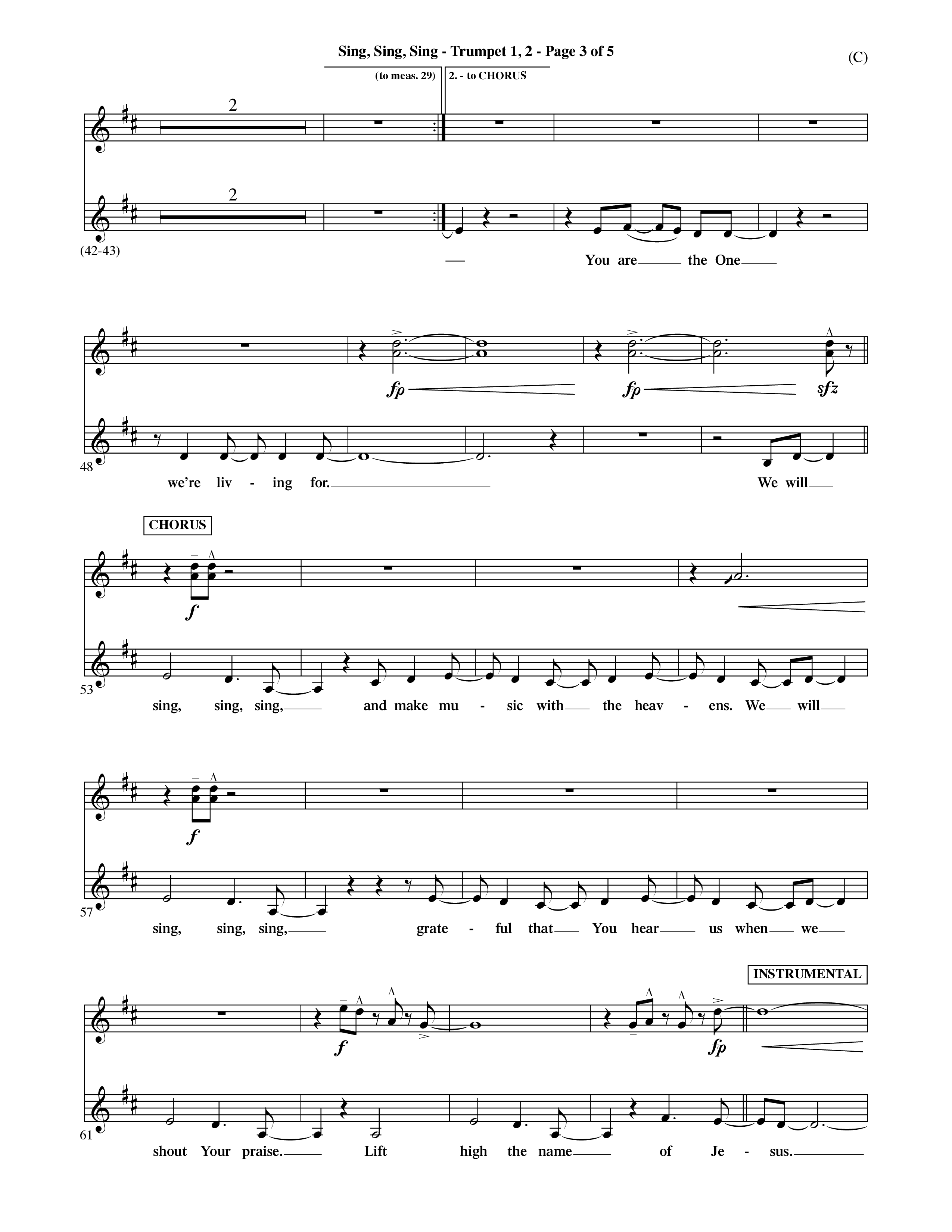 Sing Sing Sing (Choral Anthem SATB) Trumpet 1,2 (Word Music Choral / Arr. David Shipps)