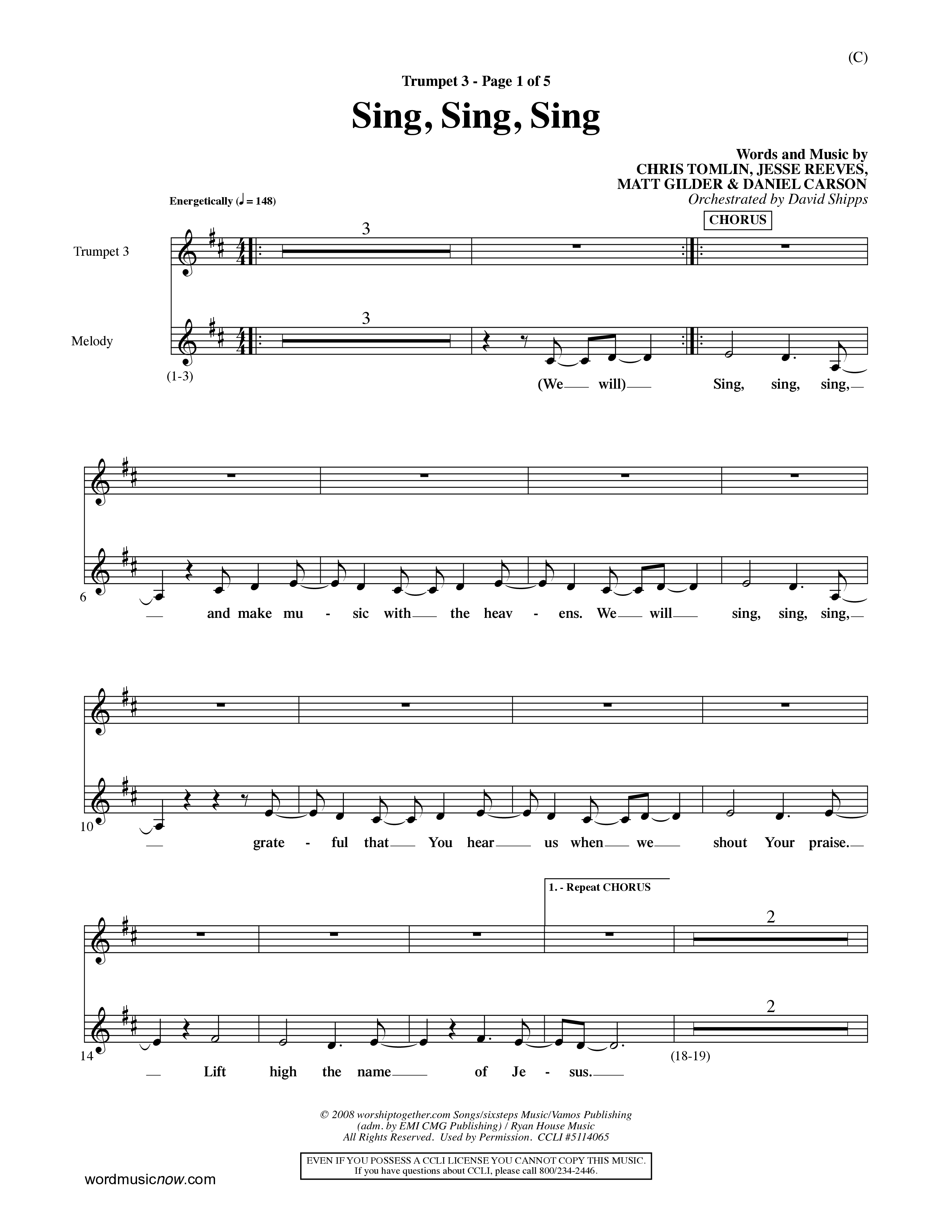 Sing Sing Sing (Choral Anthem SATB) Trumpet 3 (Word Music Choral / Arr. David Shipps)