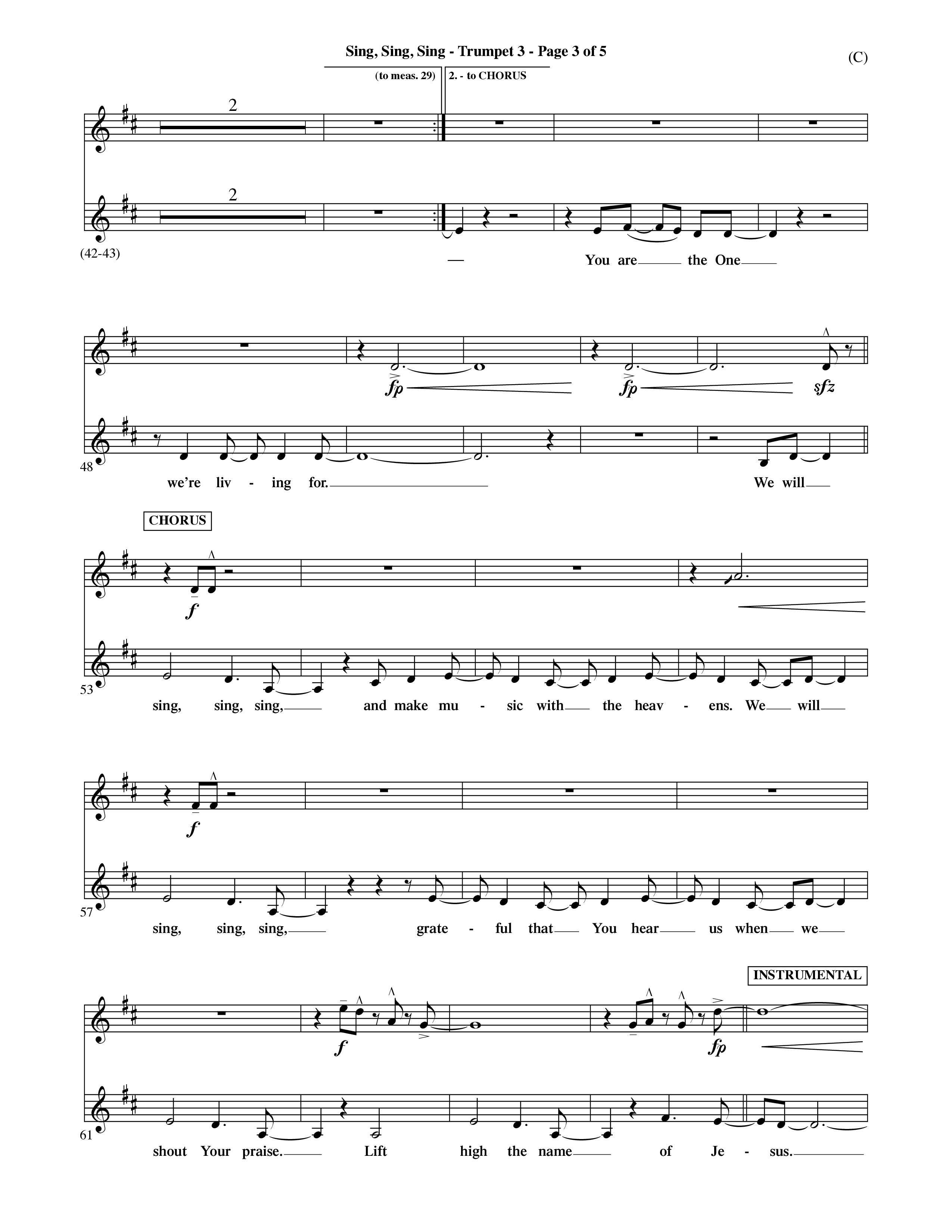 Sing Sing Sing (Choral Anthem SATB) Trumpet 3 (Word Music Choral / Arr. David Shipps)