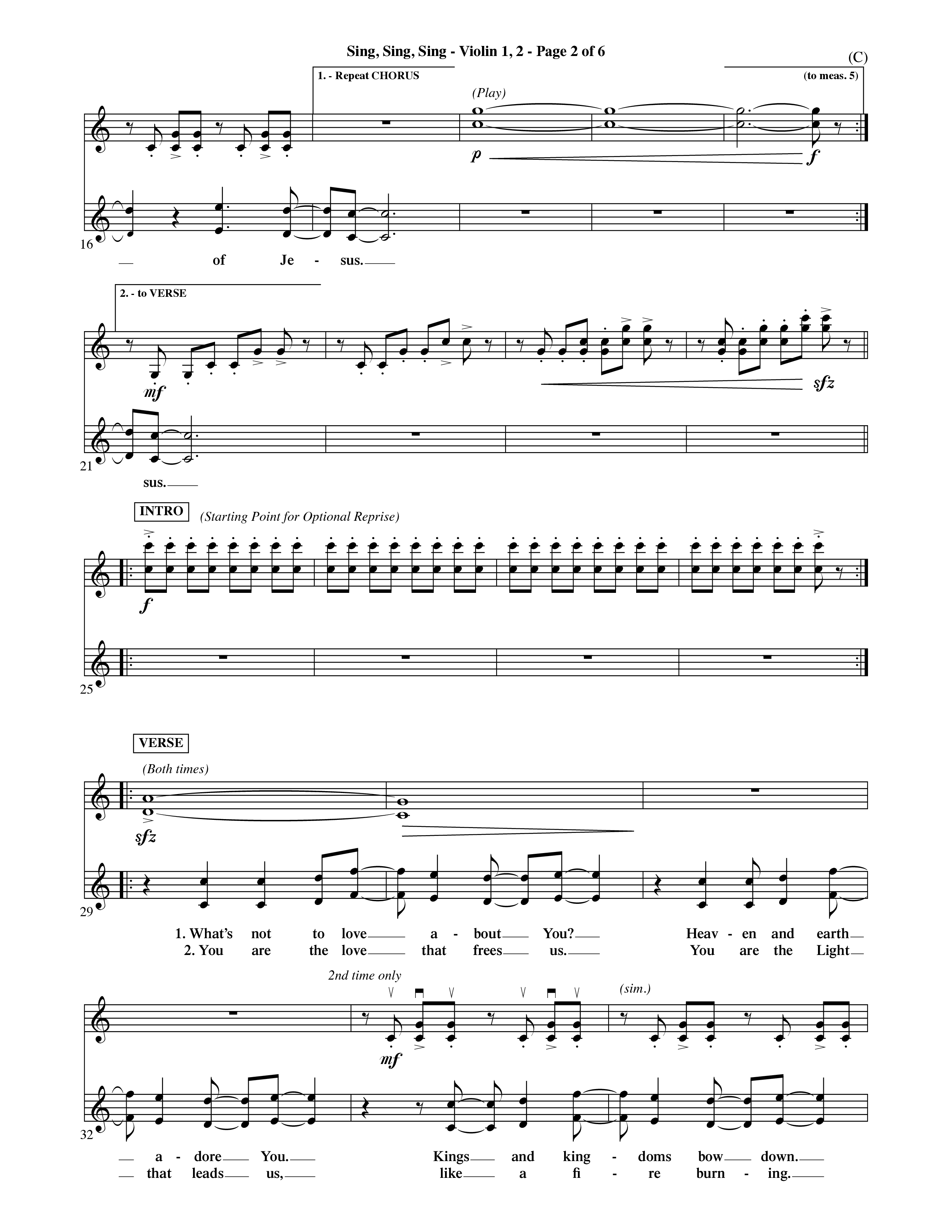 Sing Sing Sing (Choral Anthem SATB) Violin 1/2 (Word Music Choral / Arr. David Shipps)