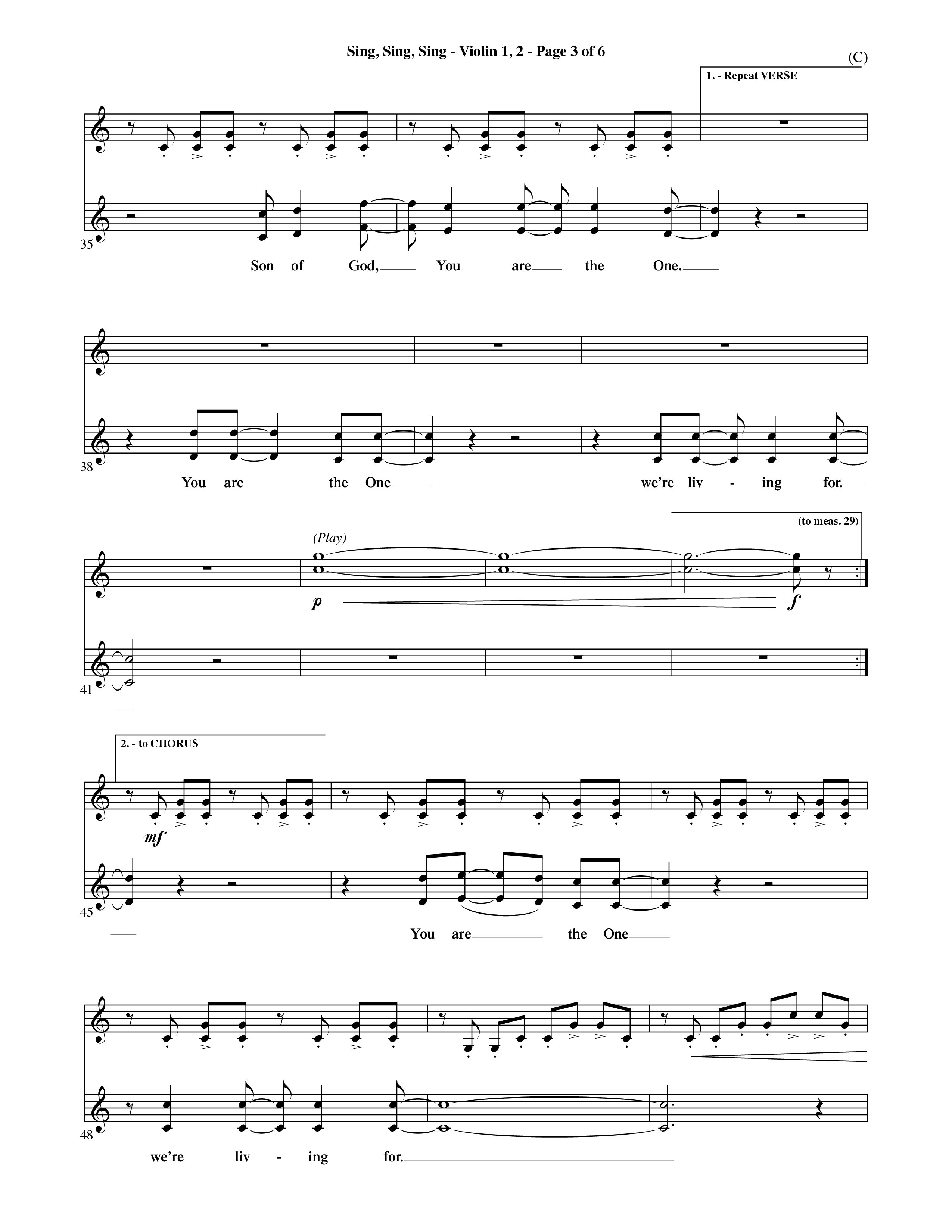 Sing Sing Sing (Choral Anthem SATB) Violin 1/2 (Word Music Choral / Arr. David Shipps)