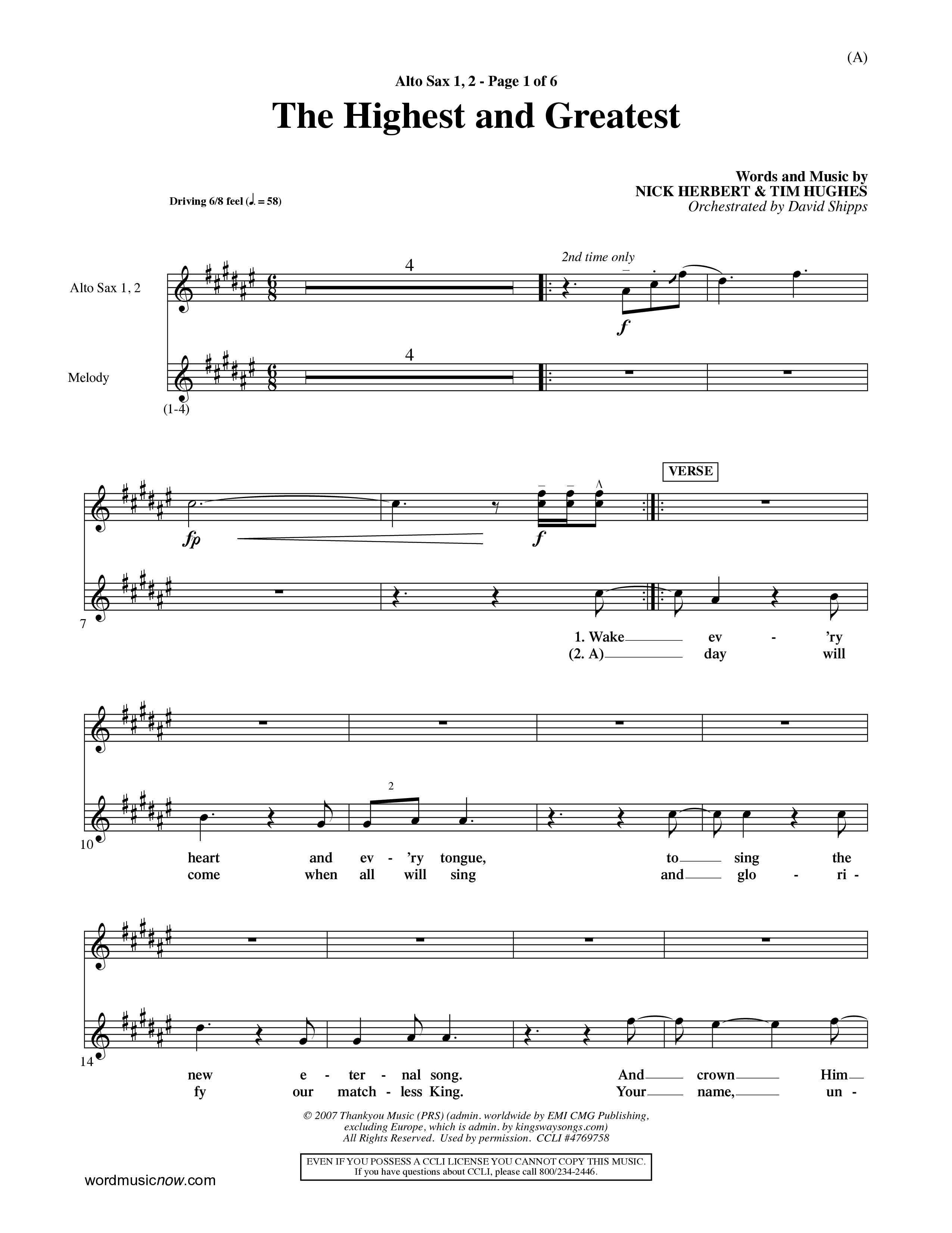 The Highest And The Greatest (Choral Anthem SATB) Alto Sax 1/2 (Word Music Choral / Arr. David Shipps)