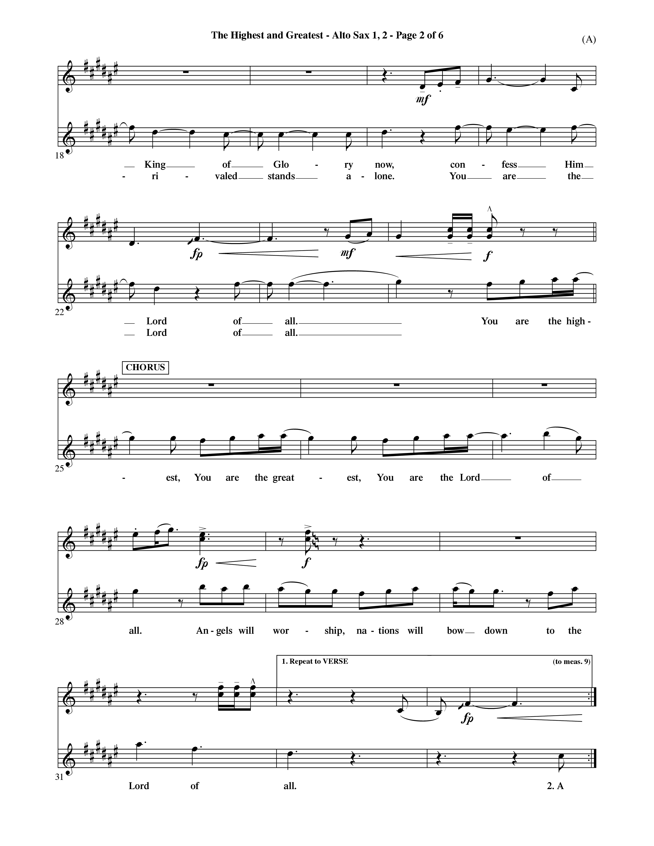 The Highest And The Greatest (Choral Anthem SATB) Alto Sax 1/2 (Word Music Choral / Arr. David Shipps)