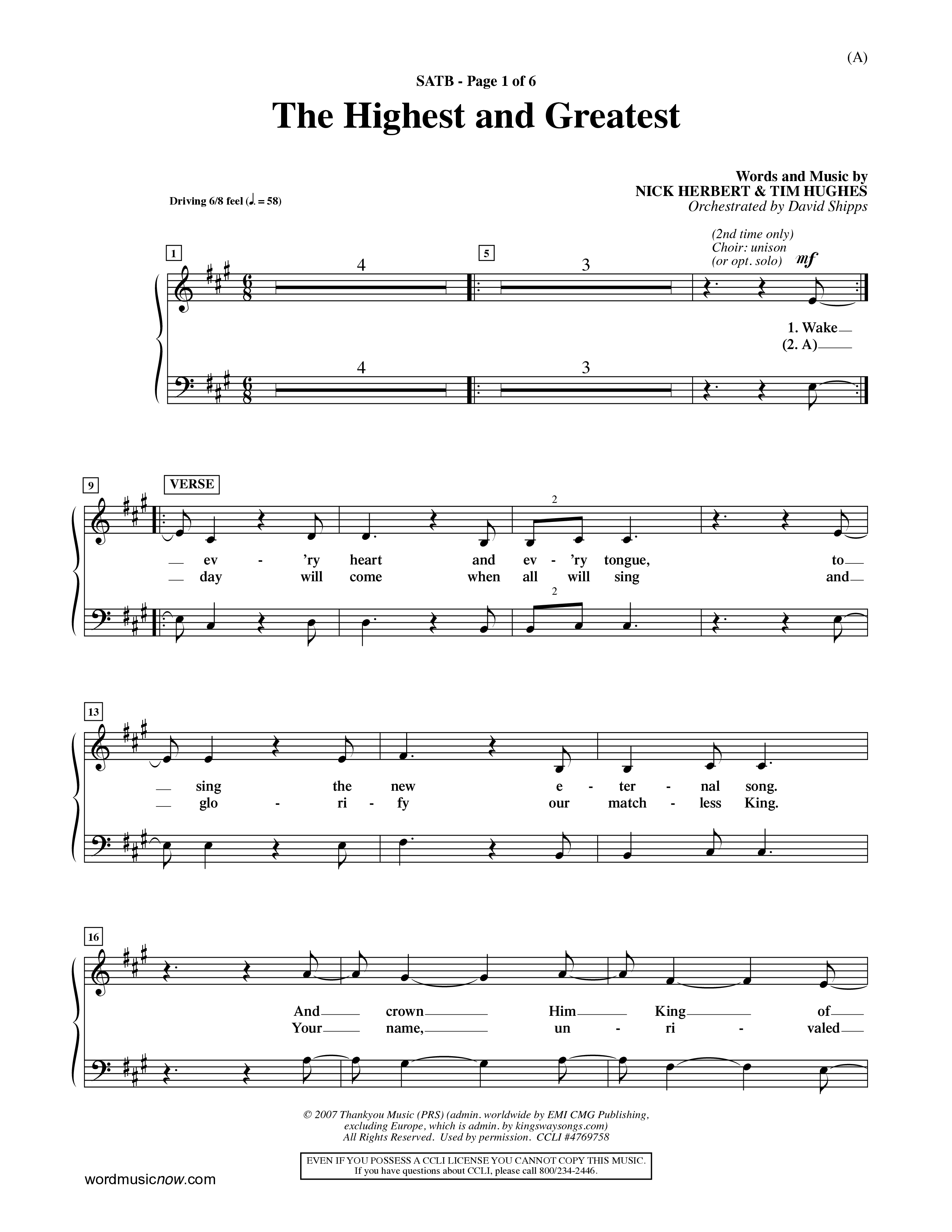 The Highest And The Greatest (Choral Anthem SATB) Choir Sheet (SATB) (Word Music Choral / Arr. David Shipps)