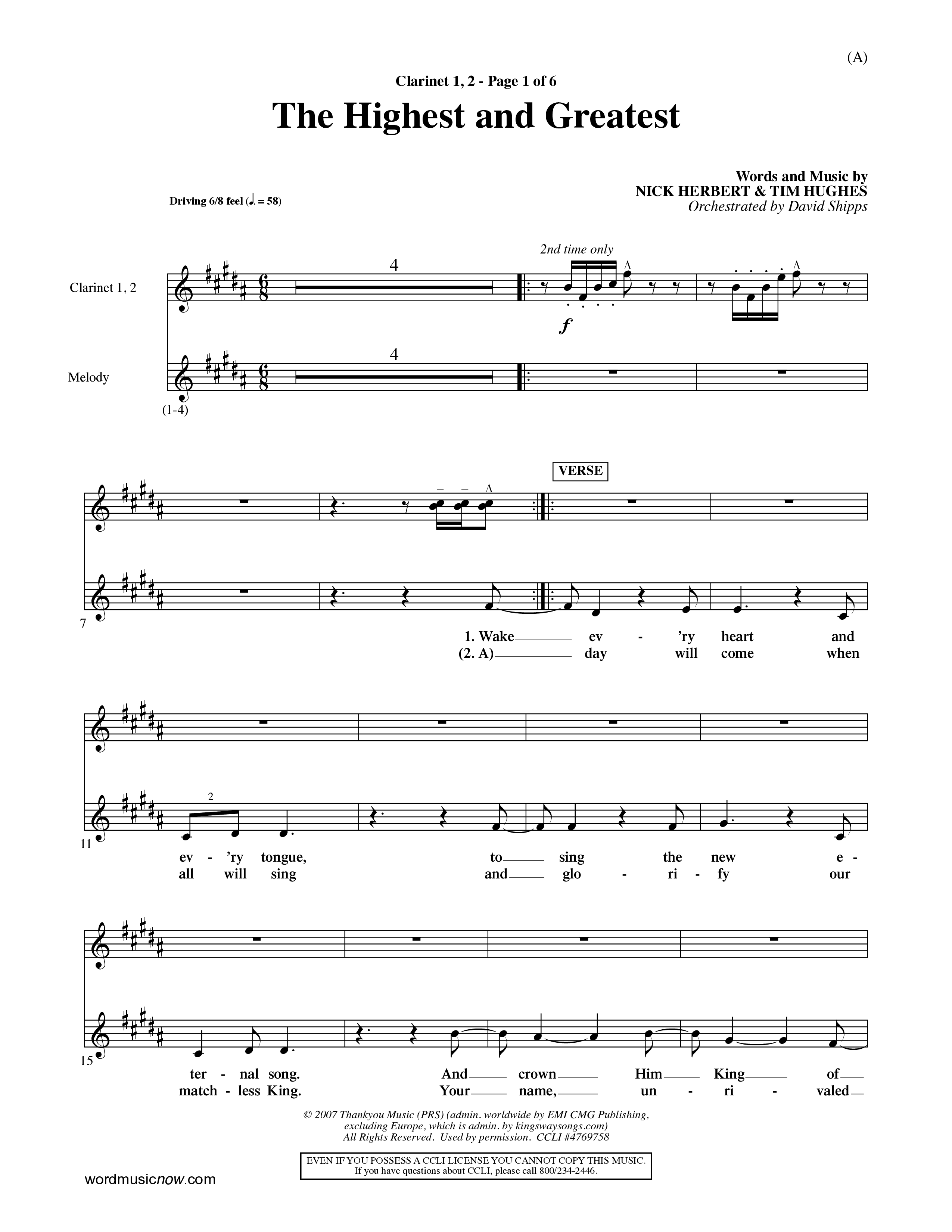 The Highest And The Greatest (Choral Anthem SATB) Clarinet 1/2 (Word Music Choral / Arr. David Shipps)