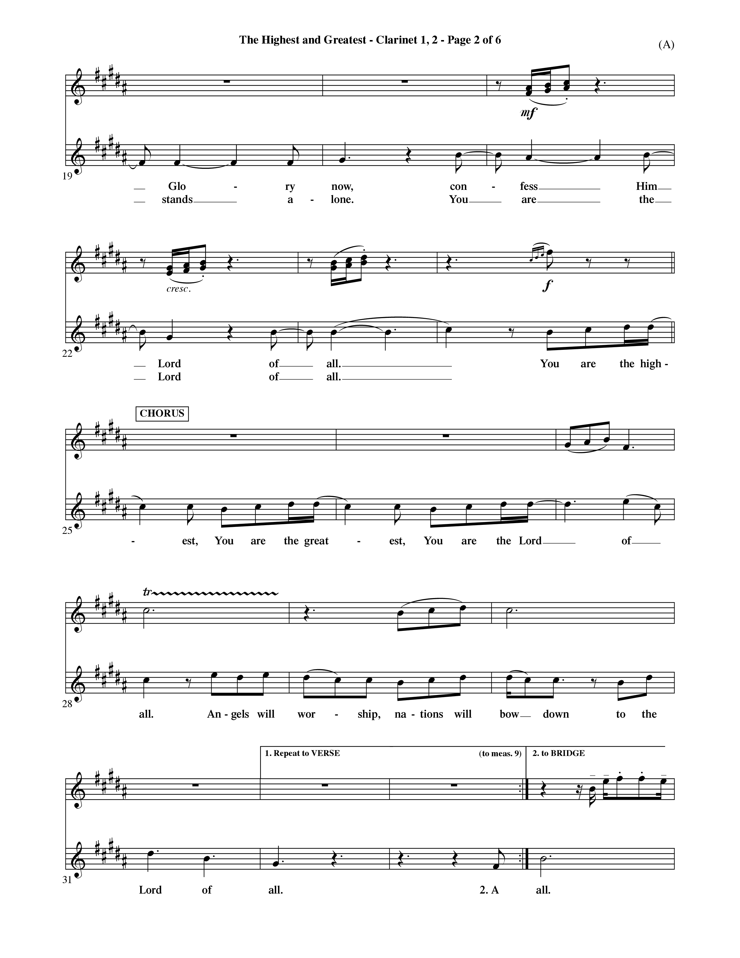 The Highest And The Greatest (Choral Anthem SATB) Clarinet 1/2 (Word Music Choral / Arr. David Shipps)