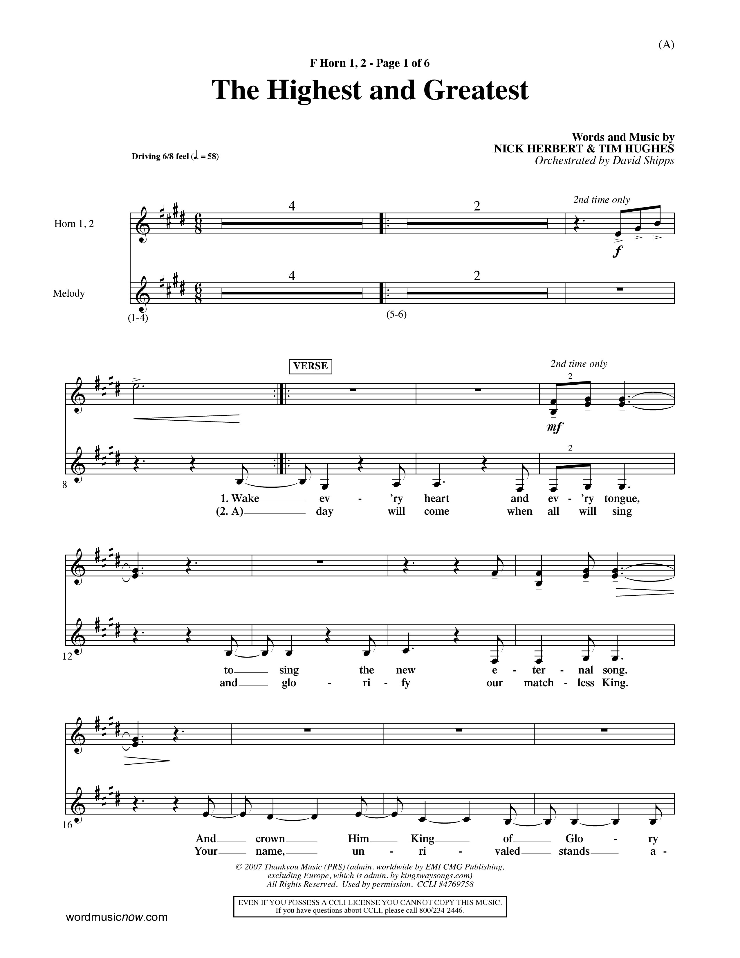 The Highest And The Greatest (Choral Anthem SATB) French Horn (Word Music Choral / Arr. David Shipps)
