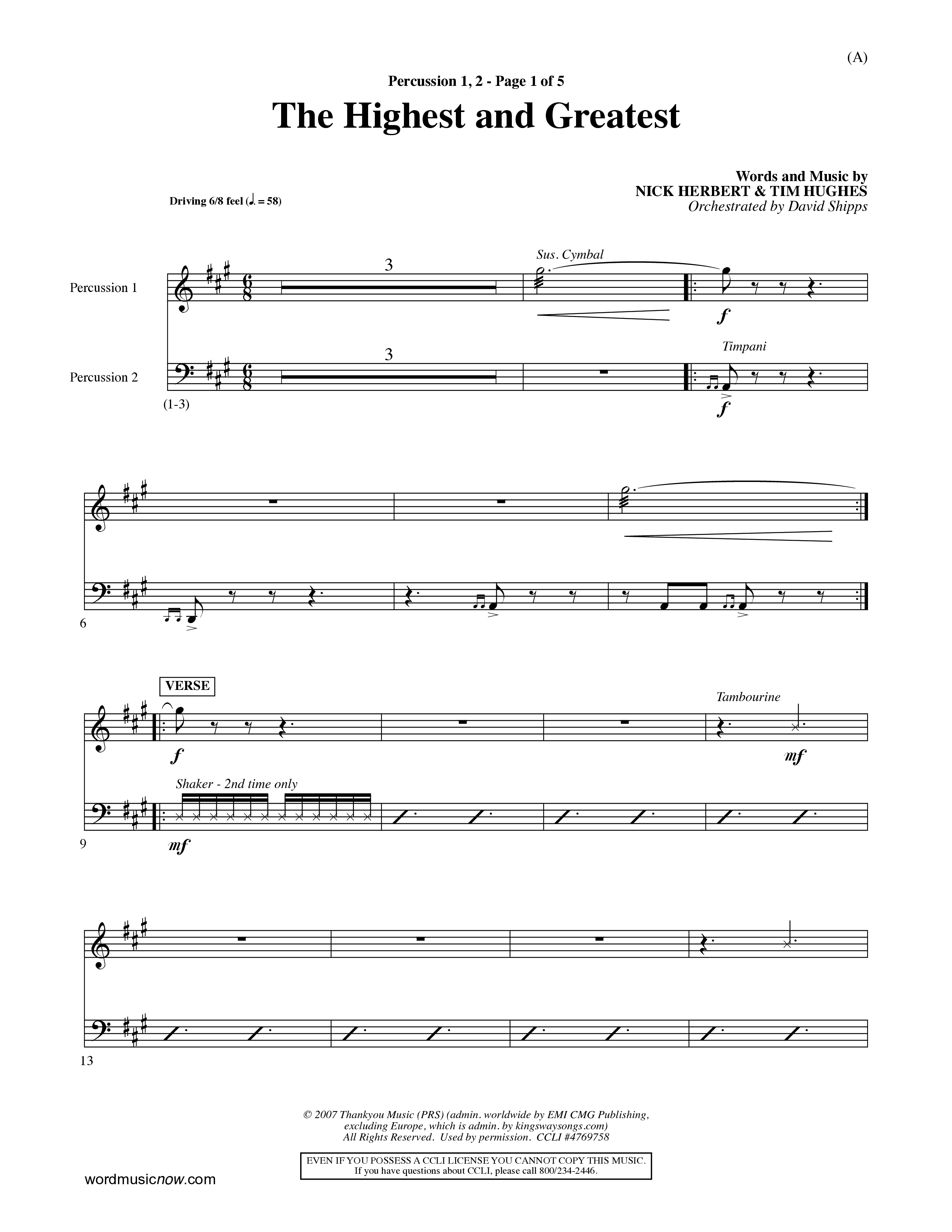 The Highest And The Greatest (Choral Anthem SATB) Percussion 1/2 (Word Music Choral / Arr. David Shipps)
