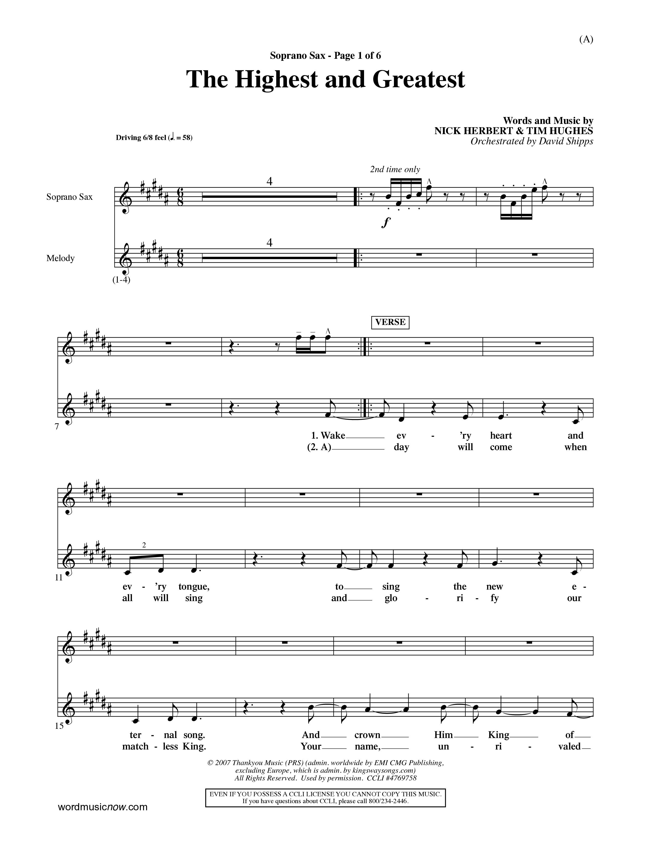 The Highest And The Greatest (Choral Anthem SATB) Saxophone (Word Music Choral / Arr. David Shipps)