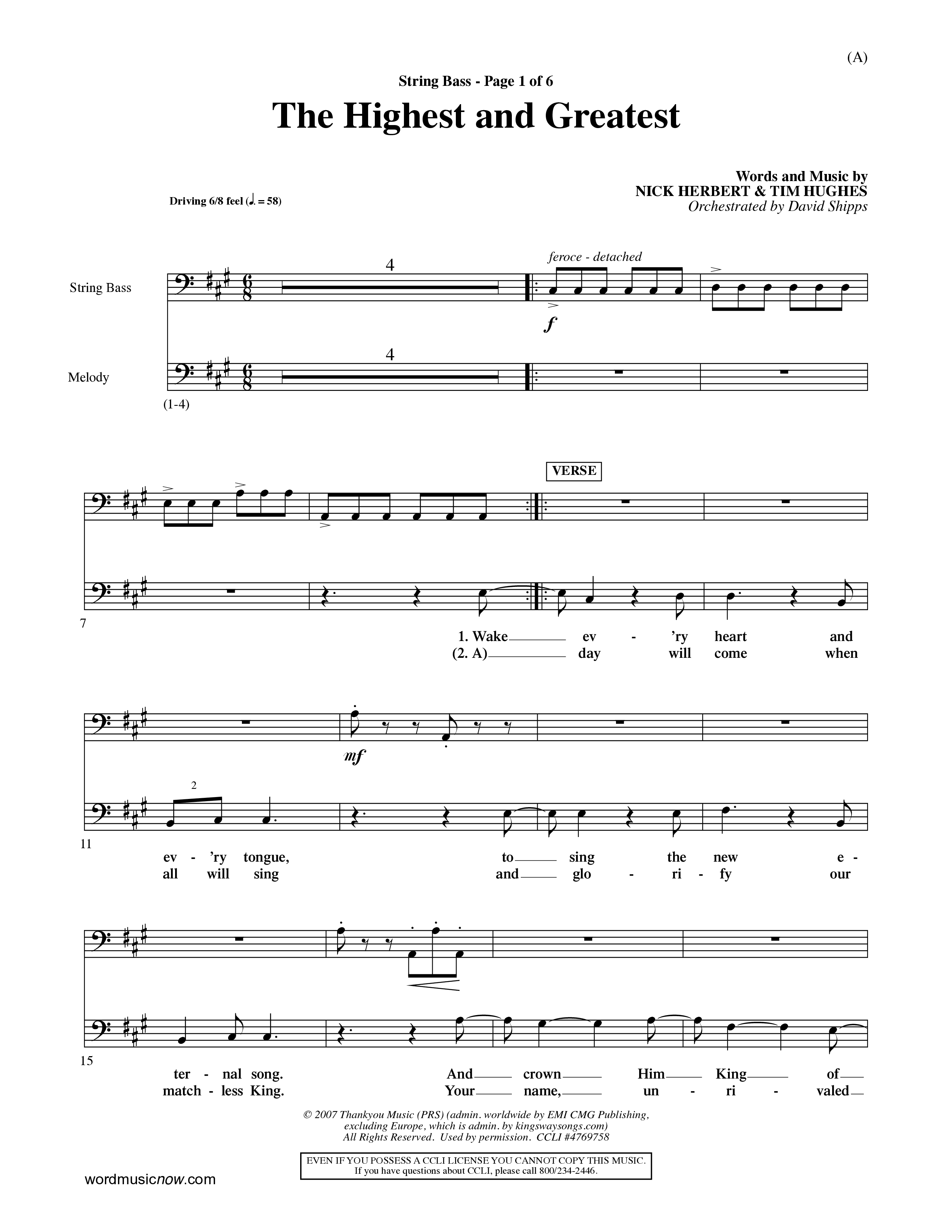 The Highest And The Greatest (Choral Anthem SATB) String Bass (Word Music Choral / Arr. David Shipps)