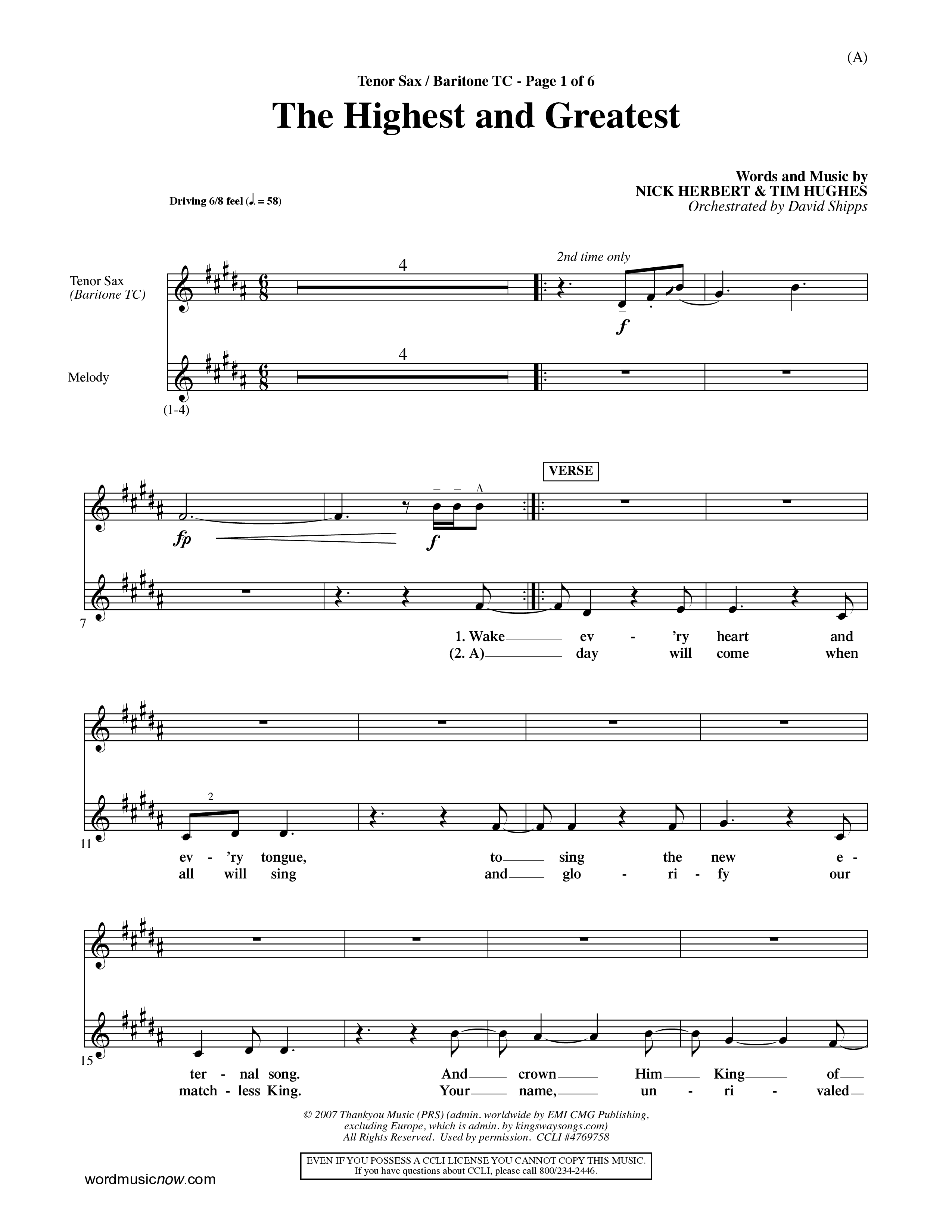 The Highest And The Greatest (Choral Anthem SATB) Tenor Sax/Baritone T.C. (Word Music Choral / Arr. David Shipps)