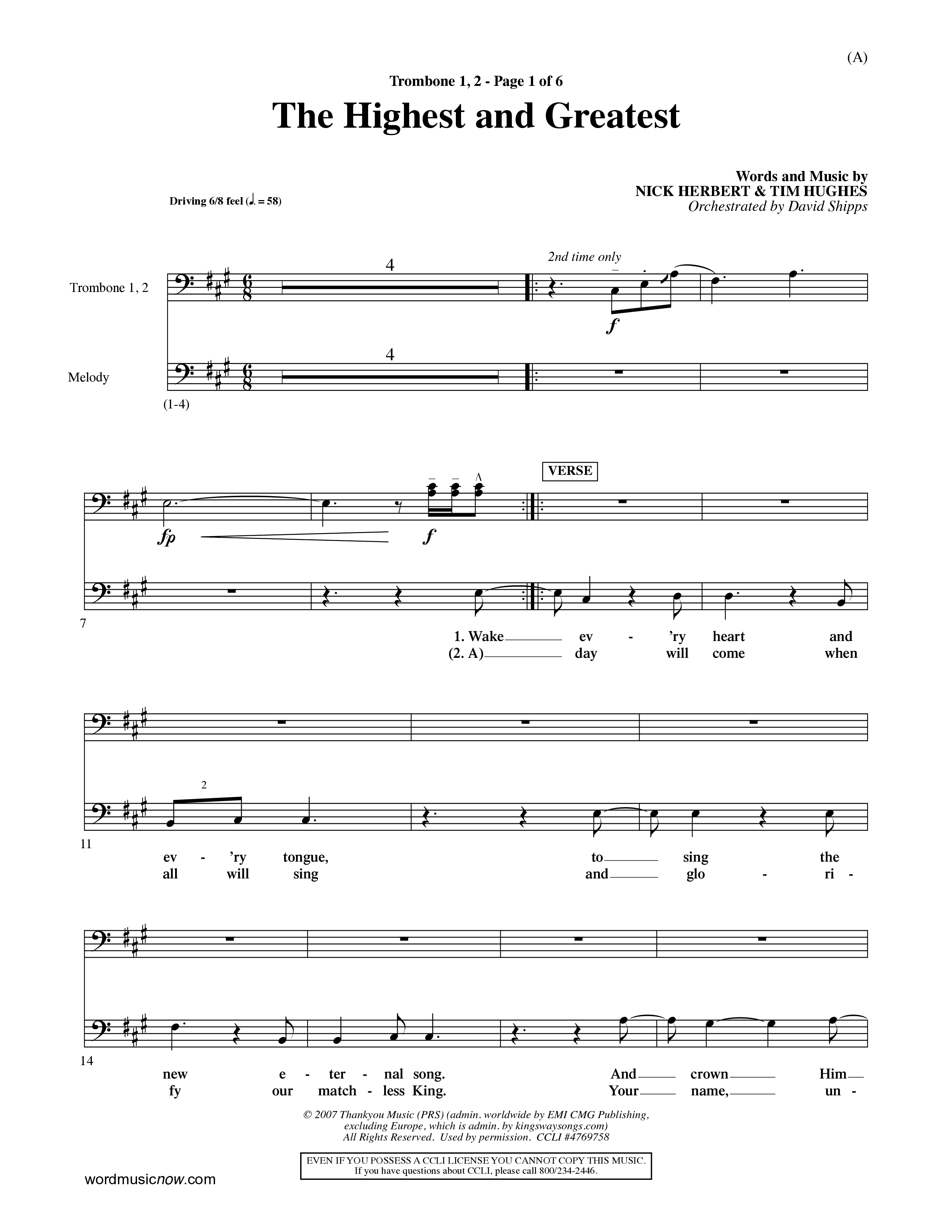 The Highest And The Greatest (Choral Anthem SATB) Trombone 1/2 (Word Music Choral / Arr. David Shipps)