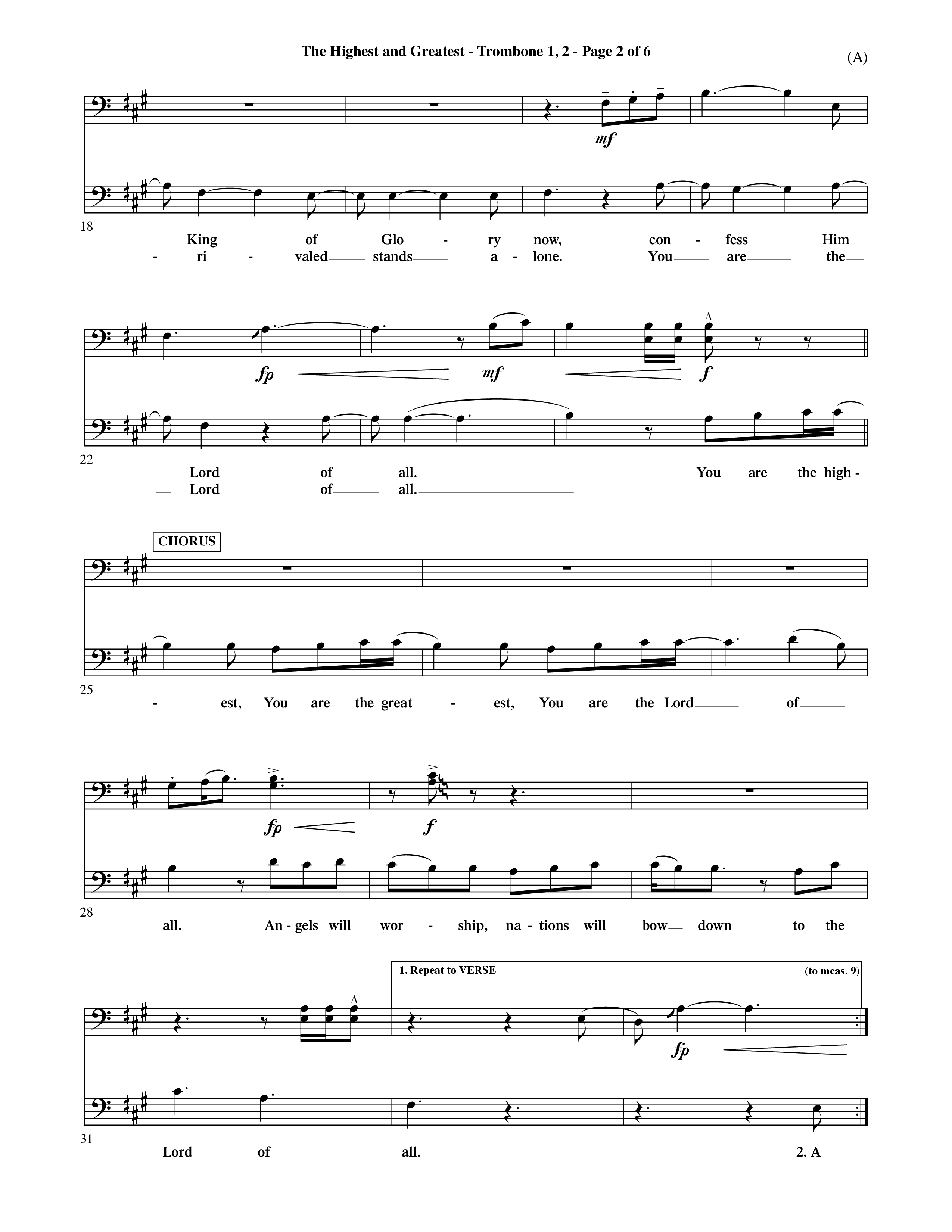 The Highest And The Greatest (Choral Anthem SATB) Trombone 1/2 (Word Music Choral / Arr. David Shipps)