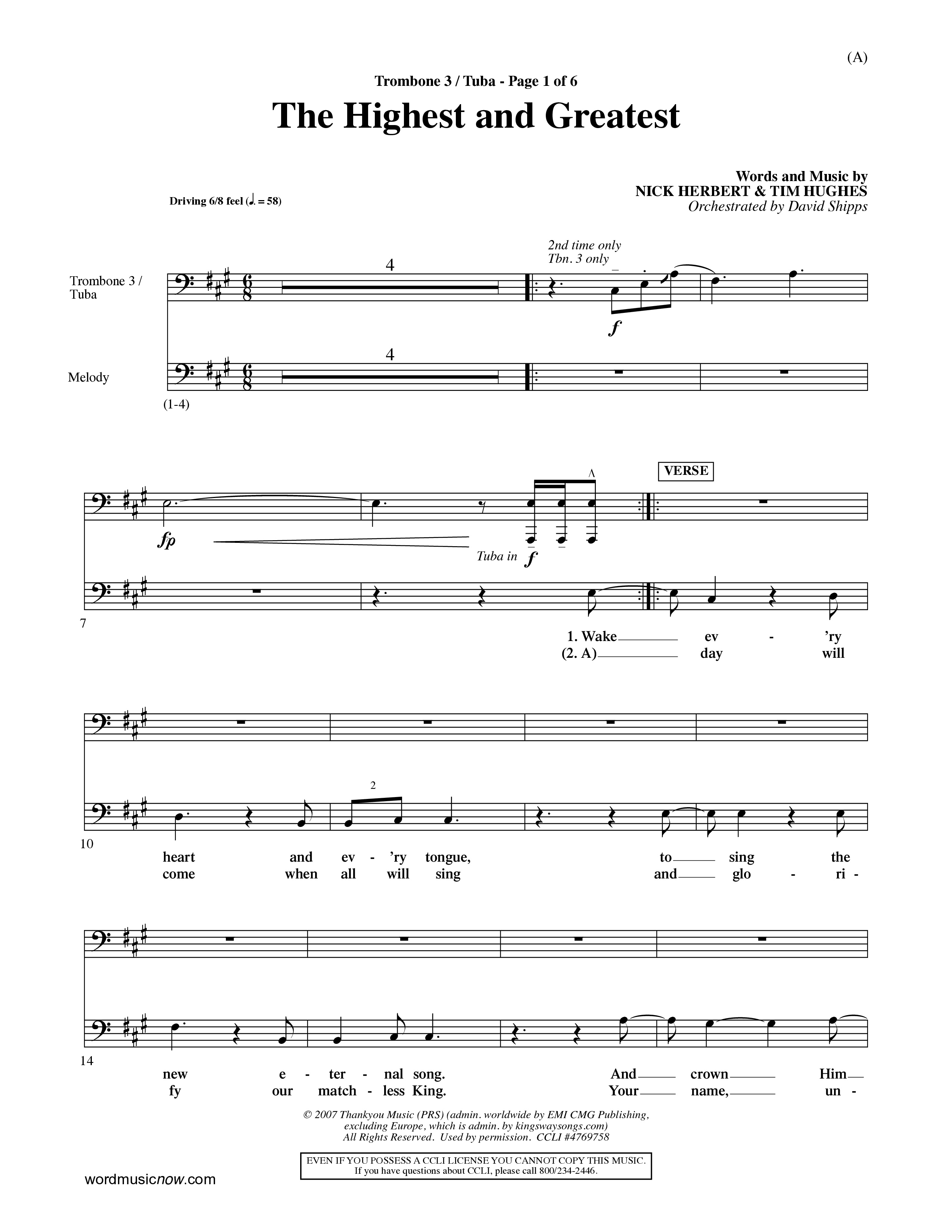 The Highest And The Greatest (Choral Anthem SATB) Trombone 3/Tuba (Word Music Choral / Arr. David Shipps)