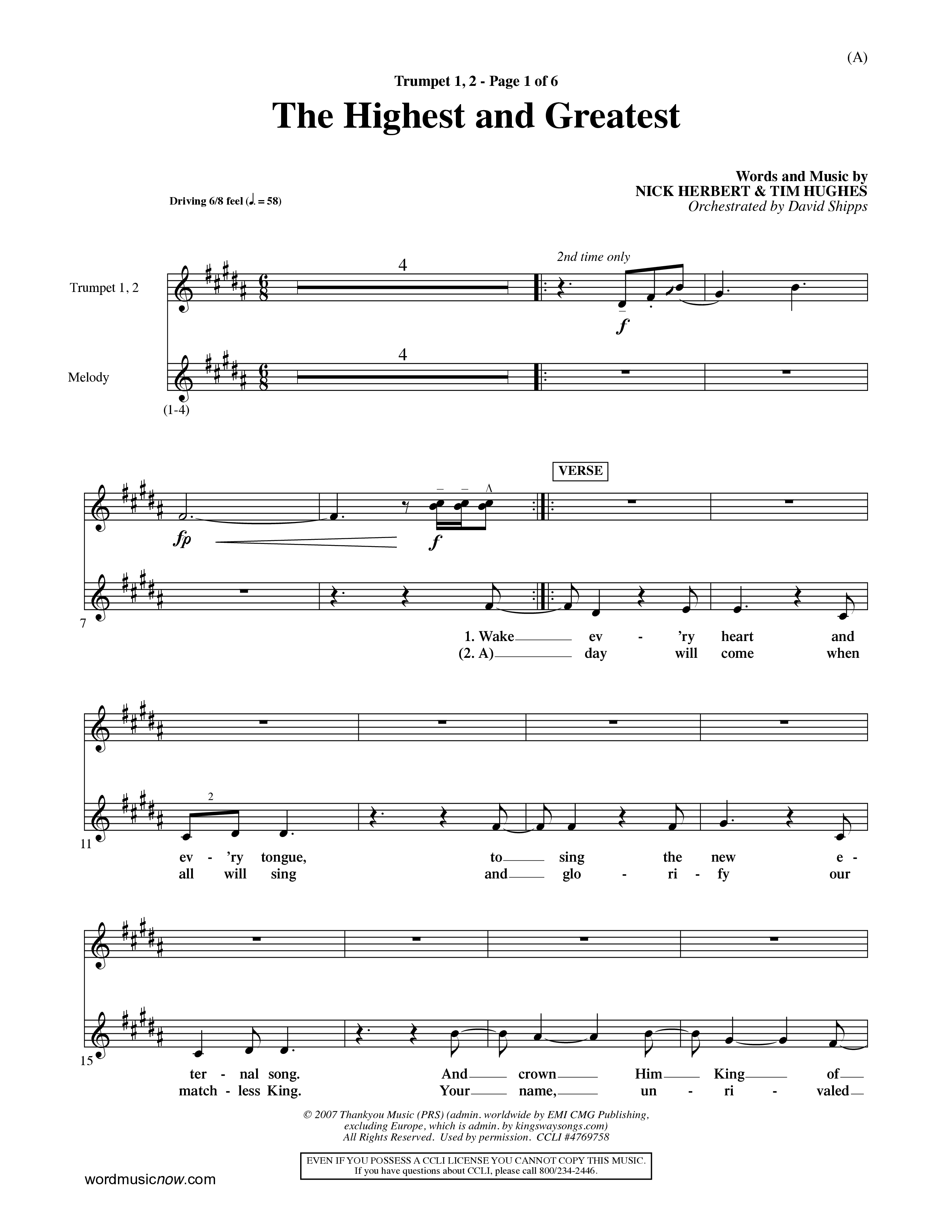 The Highest And The Greatest (Choral Anthem SATB) Trumpet 1,2 (Word Music Choral / Arr. David Shipps)