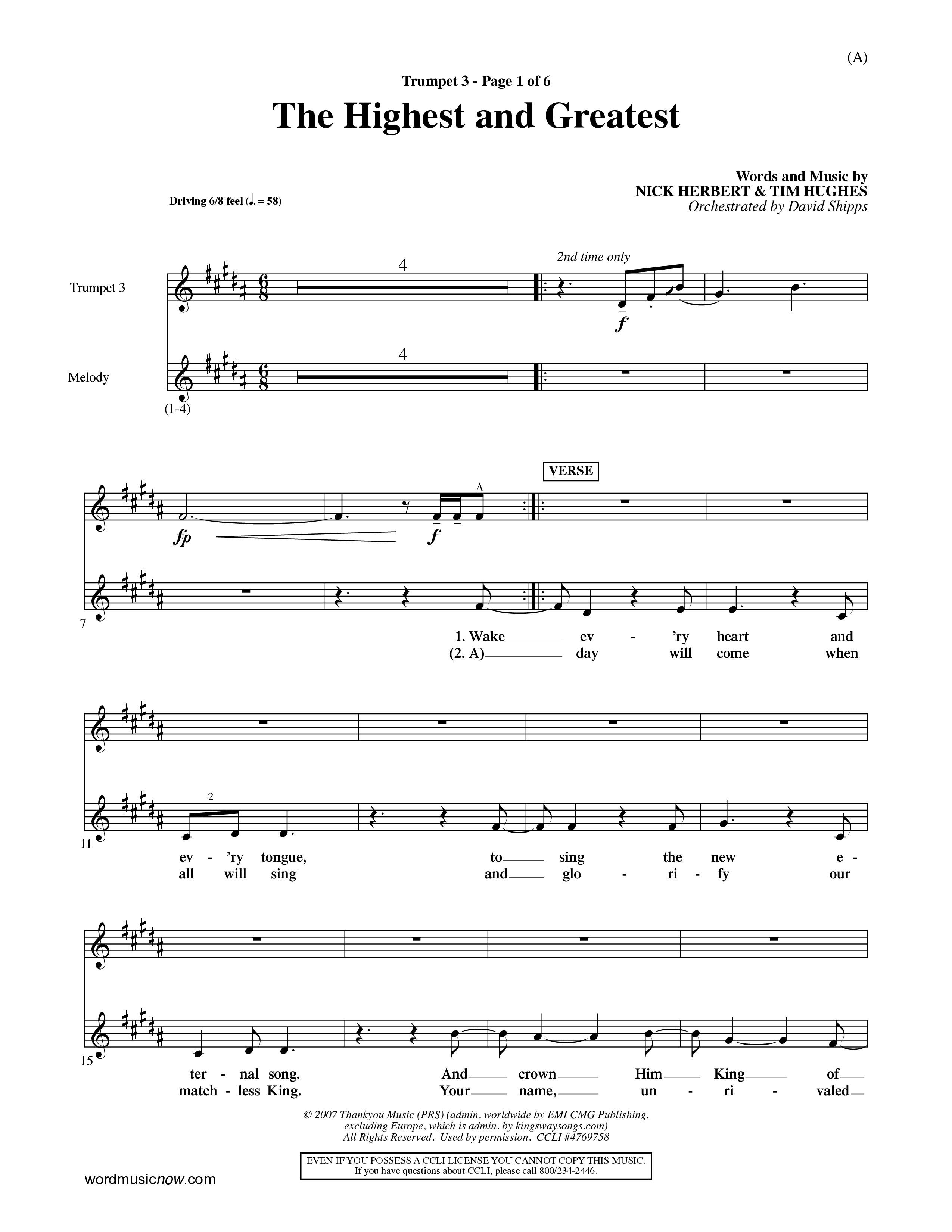 The Highest And The Greatest (Choral Anthem SATB) Trumpet 3 (Word Music Choral / Arr. David Shipps)