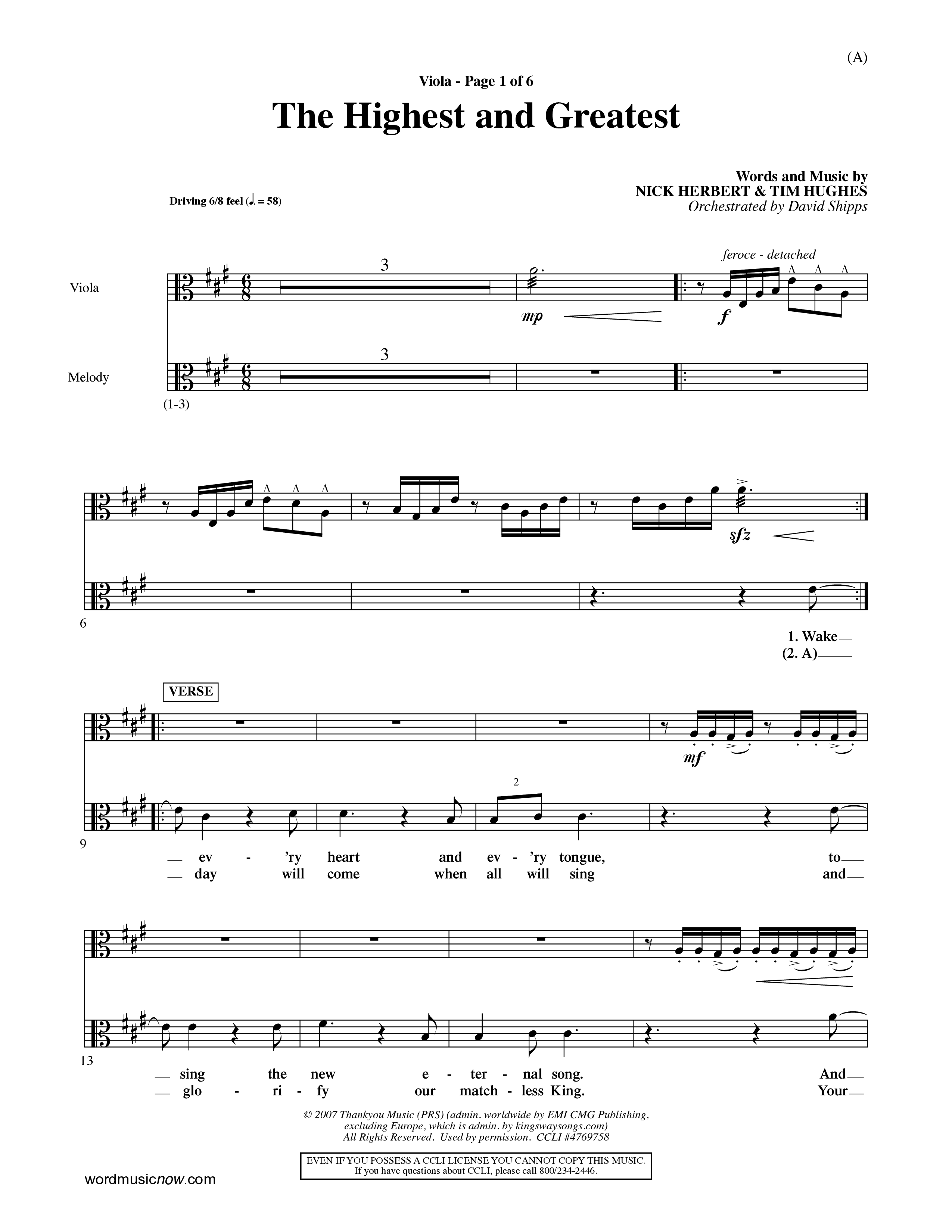 The Highest And The Greatest (Choral Anthem SATB) Viola (Word Music Choral / Arr. David Shipps)