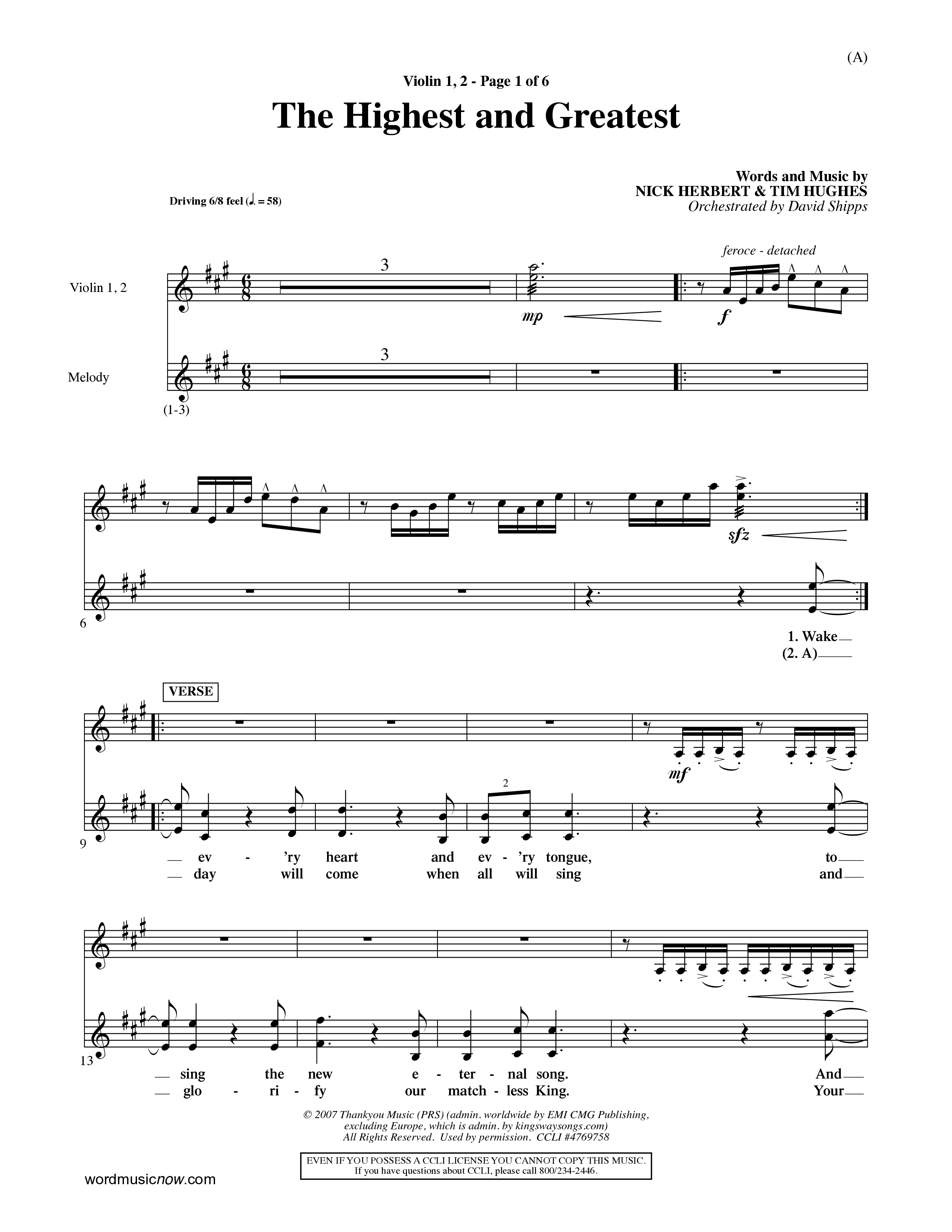 The Highest And The Greatest (Choral Anthem SATB) Violin 1/2 (Word Music Choral / Arr. David Shipps)