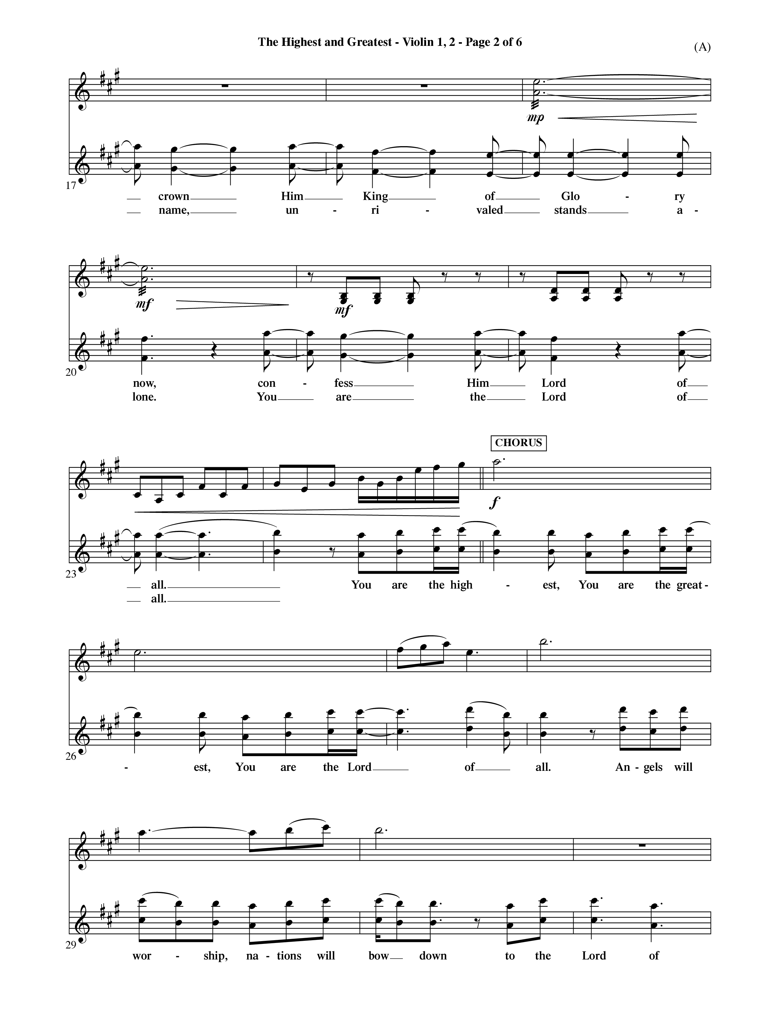 The Highest And The Greatest (Choral Anthem SATB) Violin 1/2 (Word Music Choral / Arr. David Shipps)