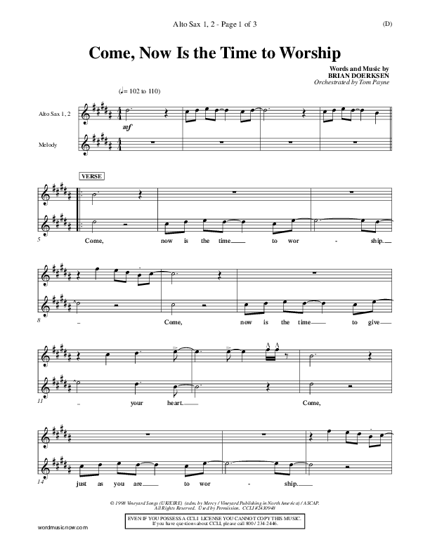 Come Now Is The Time To Worship Alto Sax 1/2 (Brian Doerksen)