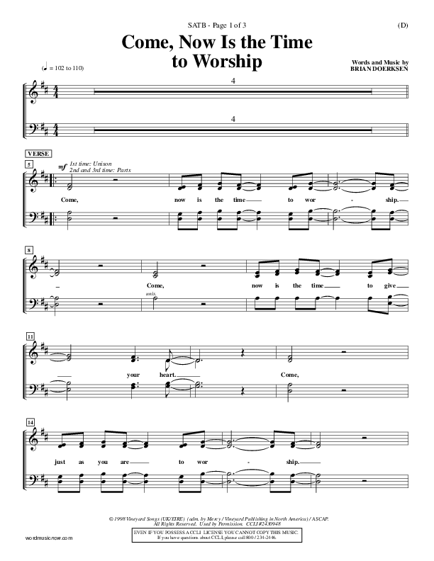 Come Now Is The Time To Worship Choir Vocals (SATB) (Brian Doerksen)