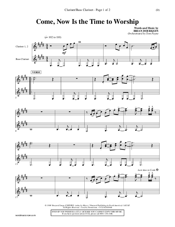 Come Now Is The Time To Worship Clarinet 1/2, Bass Clarinet (Brian Doerksen)