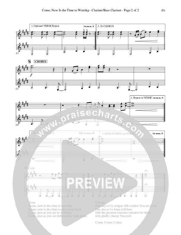 Come Now Is The Time To Worship Clarinet 1/2, Bass Clarinet (Brian Doerksen)