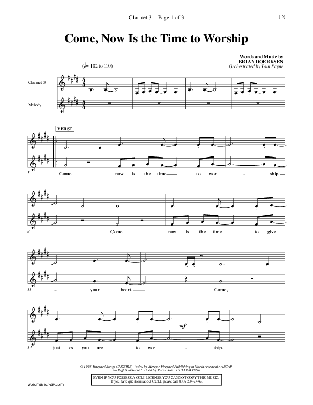 Come Now Is The Time To Worship Clarinet 3 (Brian Doerksen)