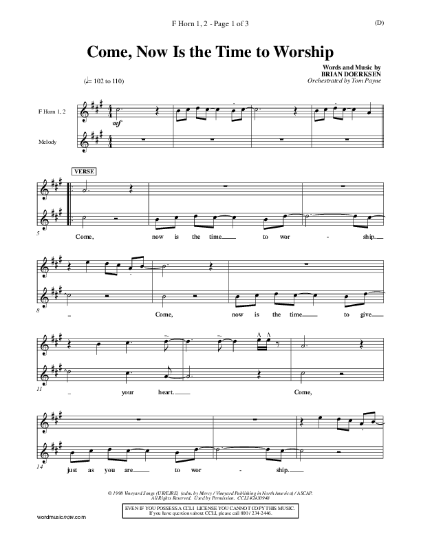 Come Now Is The Time To Worship French Horn 1/2 (Brian Doerksen)
