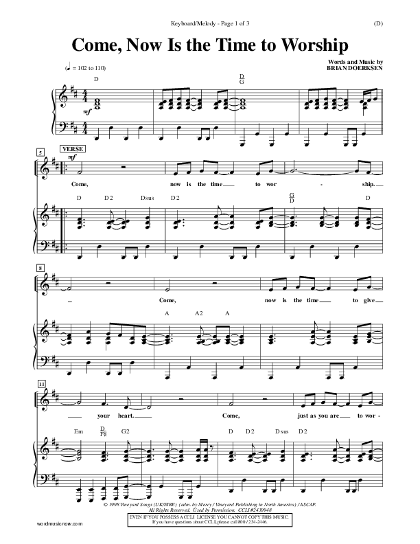 Come Now Is The Time To Worship Piano/Vocal (Brian Doerksen)