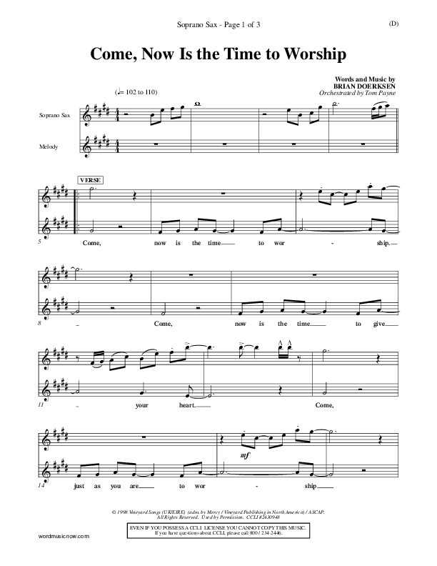 Come Now Is The Time To Worship Soprano Sax (Brian Doerksen)